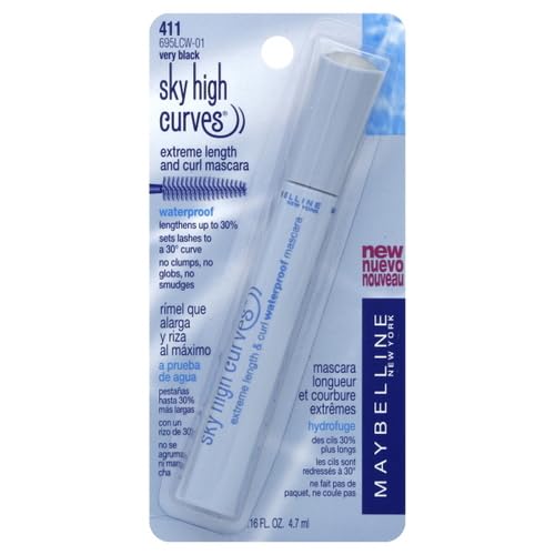 Maybelline Lash Sensational Sky High - Máscara de pestañas lavable, maquillaje, voluminizadora, alargadora, definidora, rizador, fórmula acumulable, negro más negro, 1 unidad