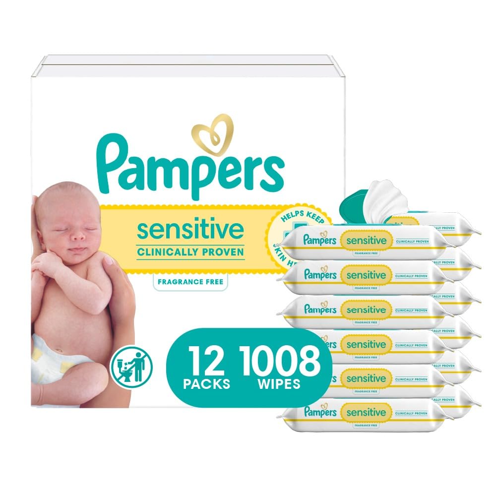Pampers Sensitive Baby Wipes, Clinically Proven, Fragrance Free, Unscented, Water Based, Hypoallergenic, Multi-Use, Hand Wipes 1008 Wipes Total (18X Flip-Top Packs) [Packaging May Vary]