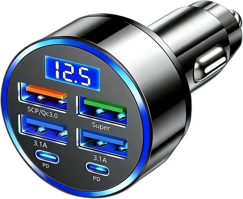 Cargador de coche multipuerto 6 en 1 con detección de voltaje, 2PD+3USB+QC3.0 Adaptador de enchufe de encendedor de cigarrillos de carga rápida compatible con iPhone, Android, Samsung, iPad Pro