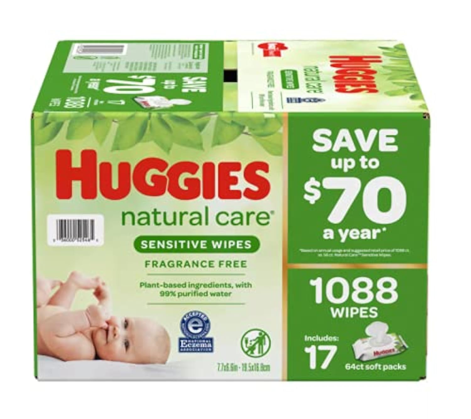 Huggies - Toallitas para bebés Natural Care Sensitive, sin perfume, hipoalergénicas, 99% de agua purificada, 12 paquetes abatibles (768 toallitas en total), el embalaje puede variar