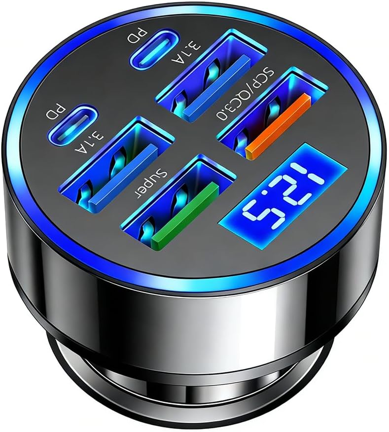 Cargador de coche multipuerto 6 en 1 con detección de voltaje, 2PD+3USB+QC3.0 Adaptador de enchufe de encendedor de cigarrillos de carga rápida compatible con iPhone, Android, Samsung, iPad Pro