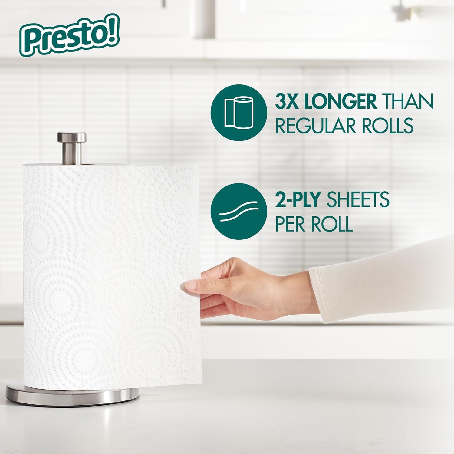 Marca Amazon - Presto! Toallas de papel Flex-a-Size, rollo enorme de 158 hojas, 12 rollos (2 paquetes de 6), equivalente a 38 rollos regulares, blanco