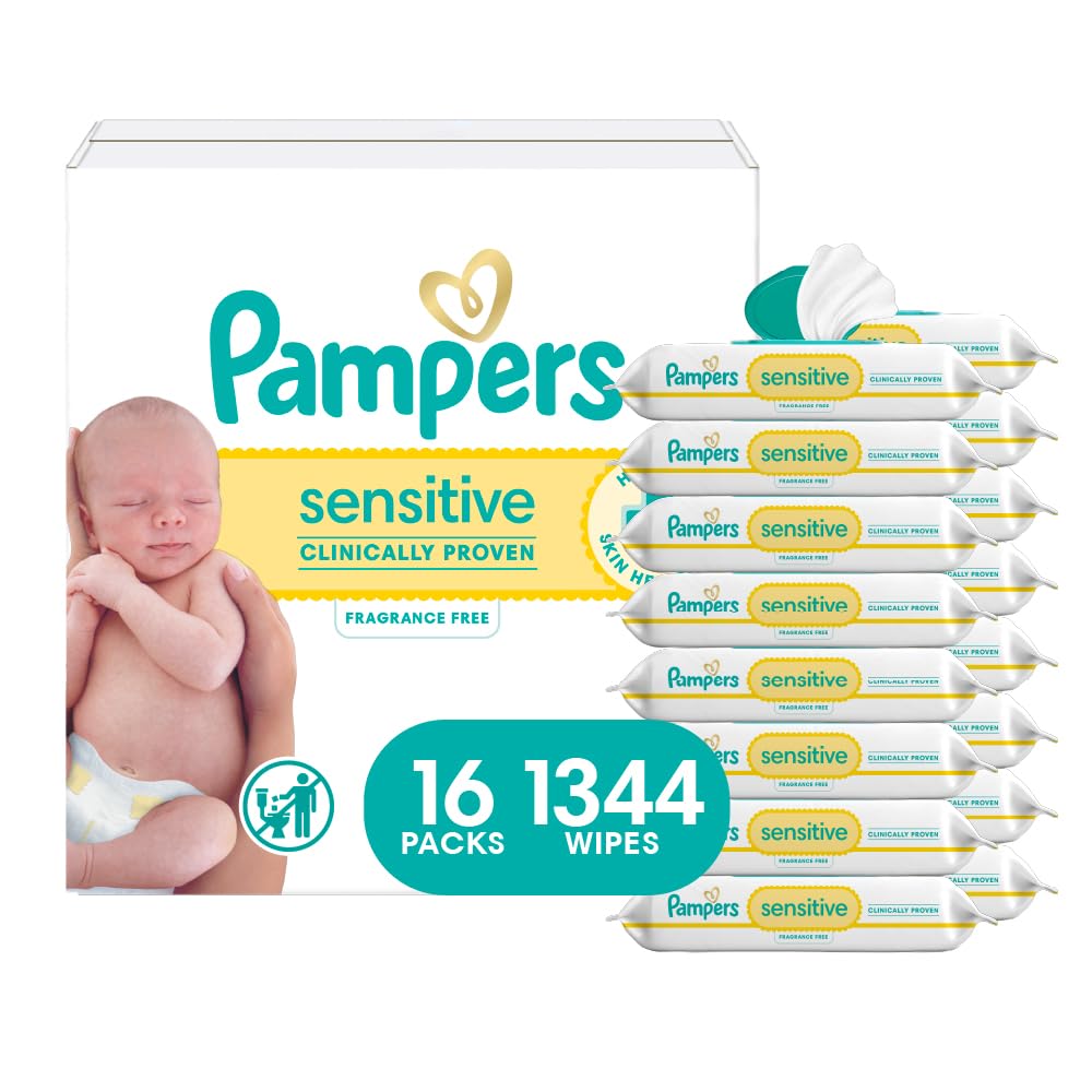 Pampers Sensitive Baby Wipes, Clinically Proven, Fragrance Free, Unscented, Water Based, Hypoallergenic, Multi-Use, Hand Wipes 1008 Wipes Total (18X Flip-Top Packs) [Packaging May Vary]