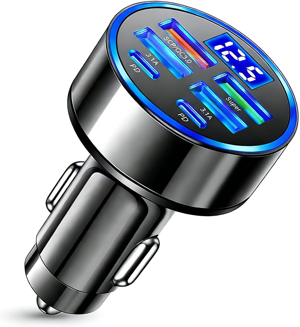 Cargador de coche multipuerto 6 en 1 con detección de voltaje, 2PD+3USB+QC3.0 Adaptador de enchufe de encendedor de cigarrillos de carga rápida compatible con iPhone, Android, Samsung, iPad Pro