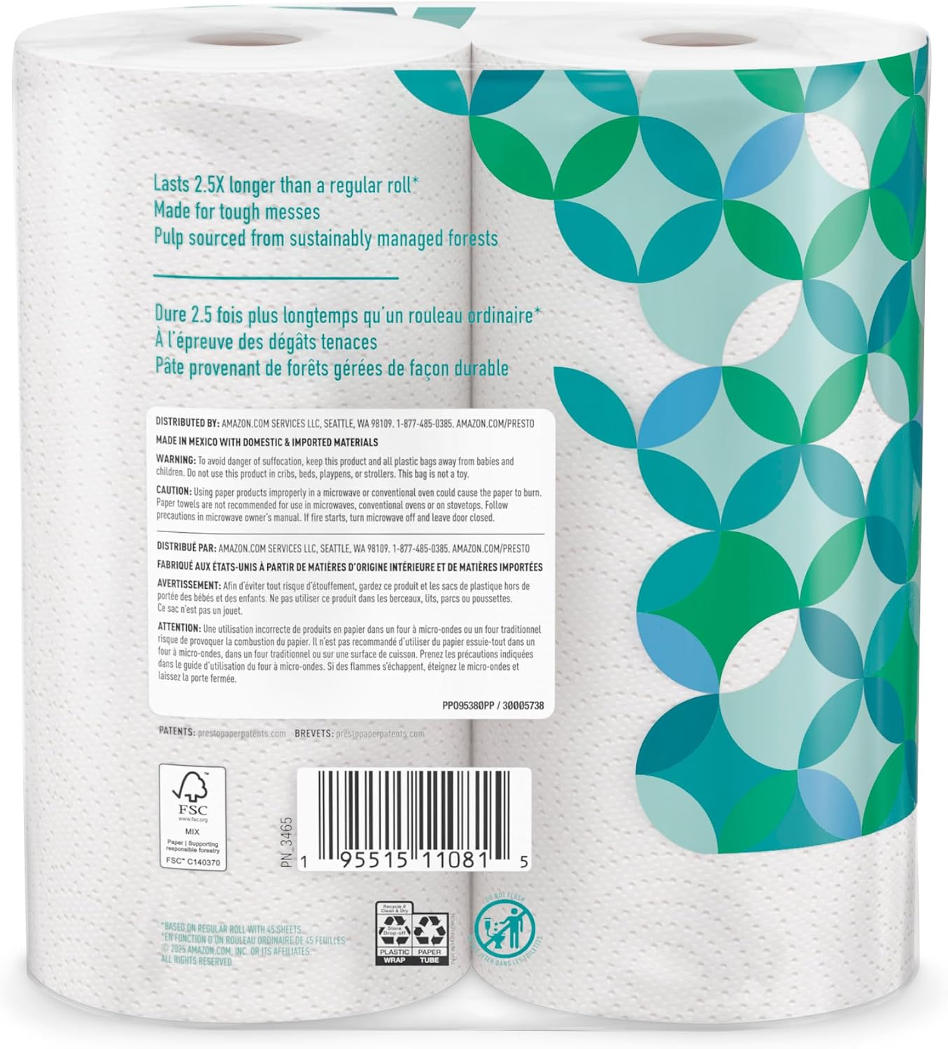 Marca Amazon - Presto! Toallas de papel Flex-a-Size, rollo enorme de 158 hojas, 12 rollos (2 paquetes de 6), equivalente a 38 rollos regulares, blanco
