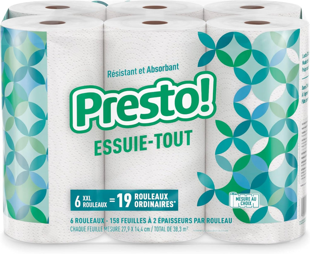 Marca Amazon - Presto! Toallas de papel Flex-a-Size, rollo enorme de 158 hojas, 12 rollos (2 paquetes de 6), equivalente a 38 rollos regulares, blanco