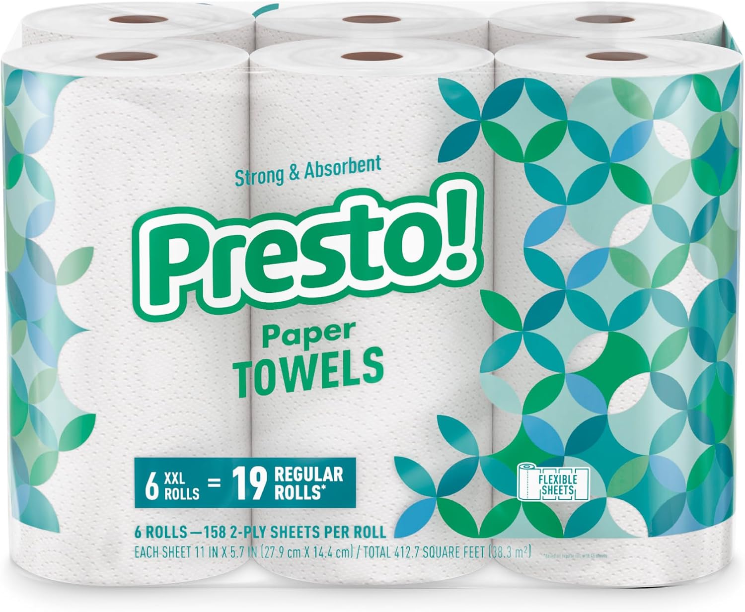Marca Amazon - Presto! Toallas de papel Flex-a-Size, rollo enorme de 158 hojas, 12 rollos (2 paquetes de 6), equivalente a 38 rollos regulares, blanco