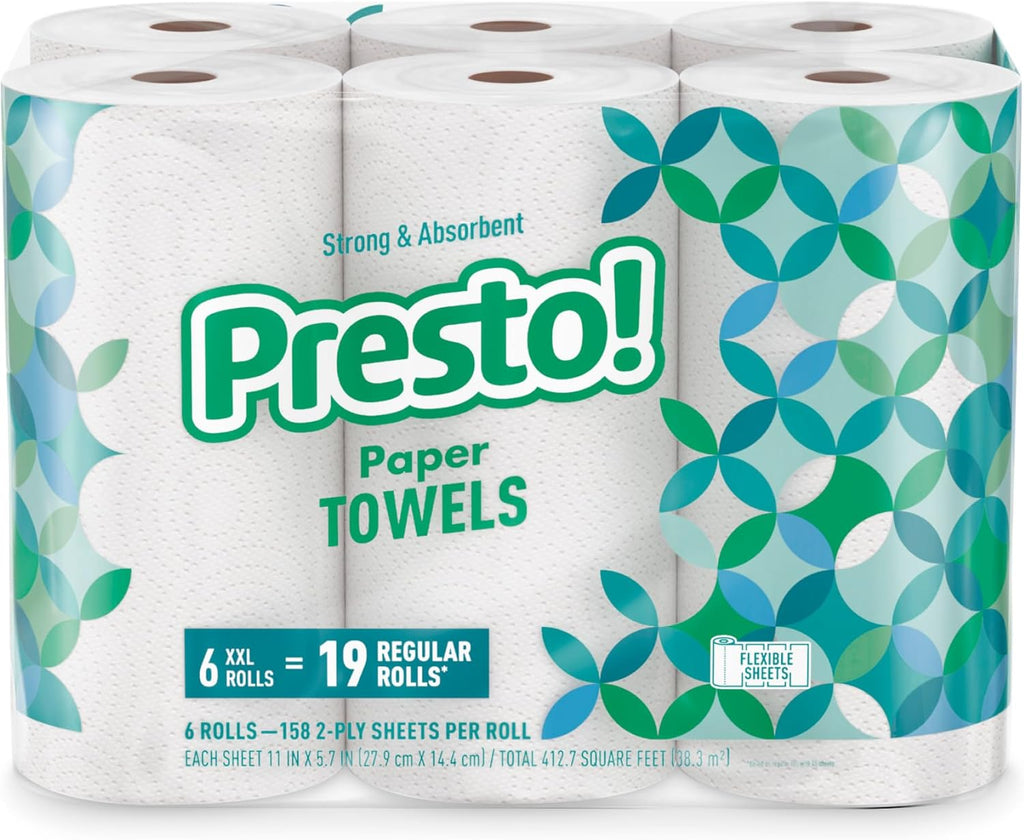 Marca Amazon - Presto! Toallas de papel Flex-a-Size, rollo enorme de 158 hojas, 12 rollos (2 paquetes de 6), equivalente a 38 rollos regulares, blanco