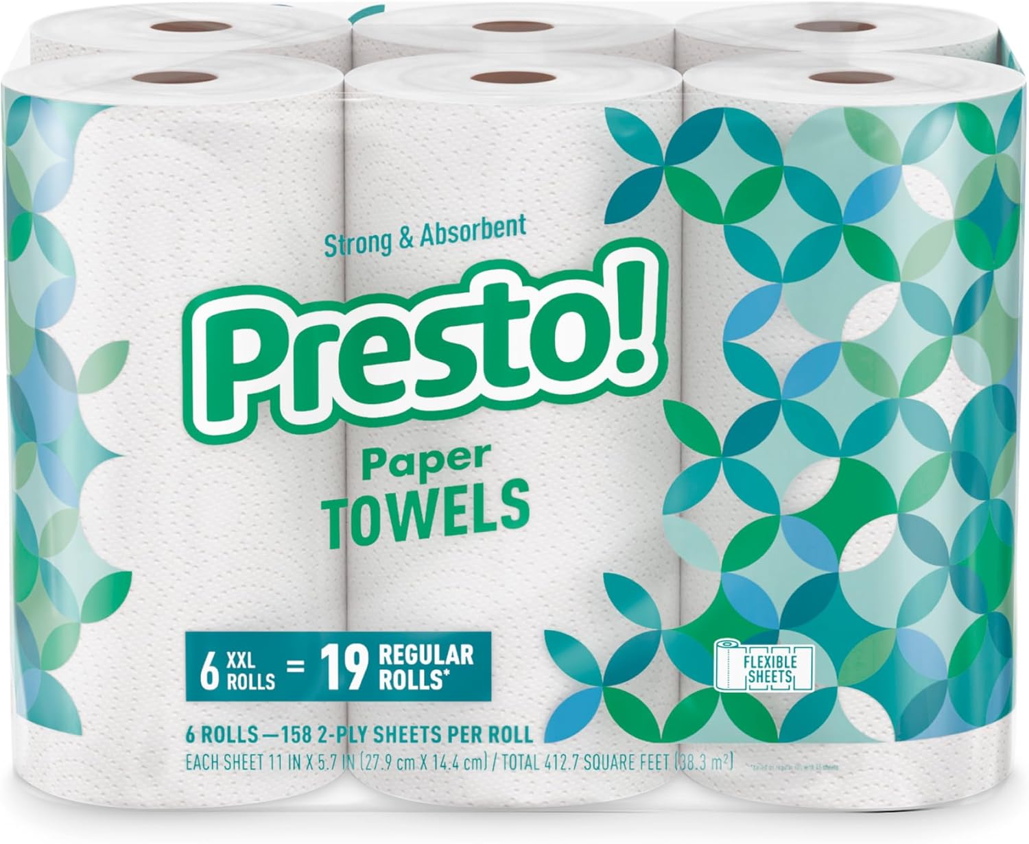 Marca Amazon - Presto! Toallas de papel Flex-a-Size, rollo enorme de 158 hojas, 12 rollos (2 paquetes de 6), equivalente a 38 rollos regulares, blanco