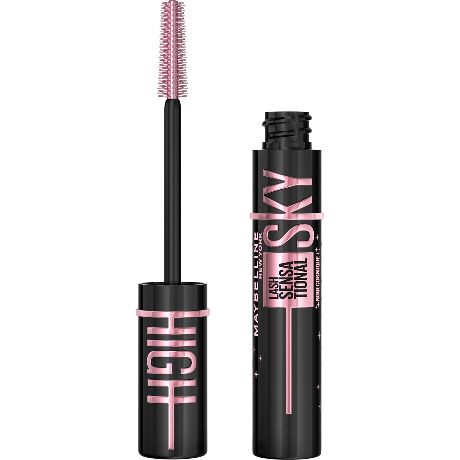 Maybelline Lash Sensational Sky High - Máscara de pestañas lavable, maquillaje, voluminizadora, alargadora, definidora, rizador, fórmula acumulable, negro más negro, 1 unidad