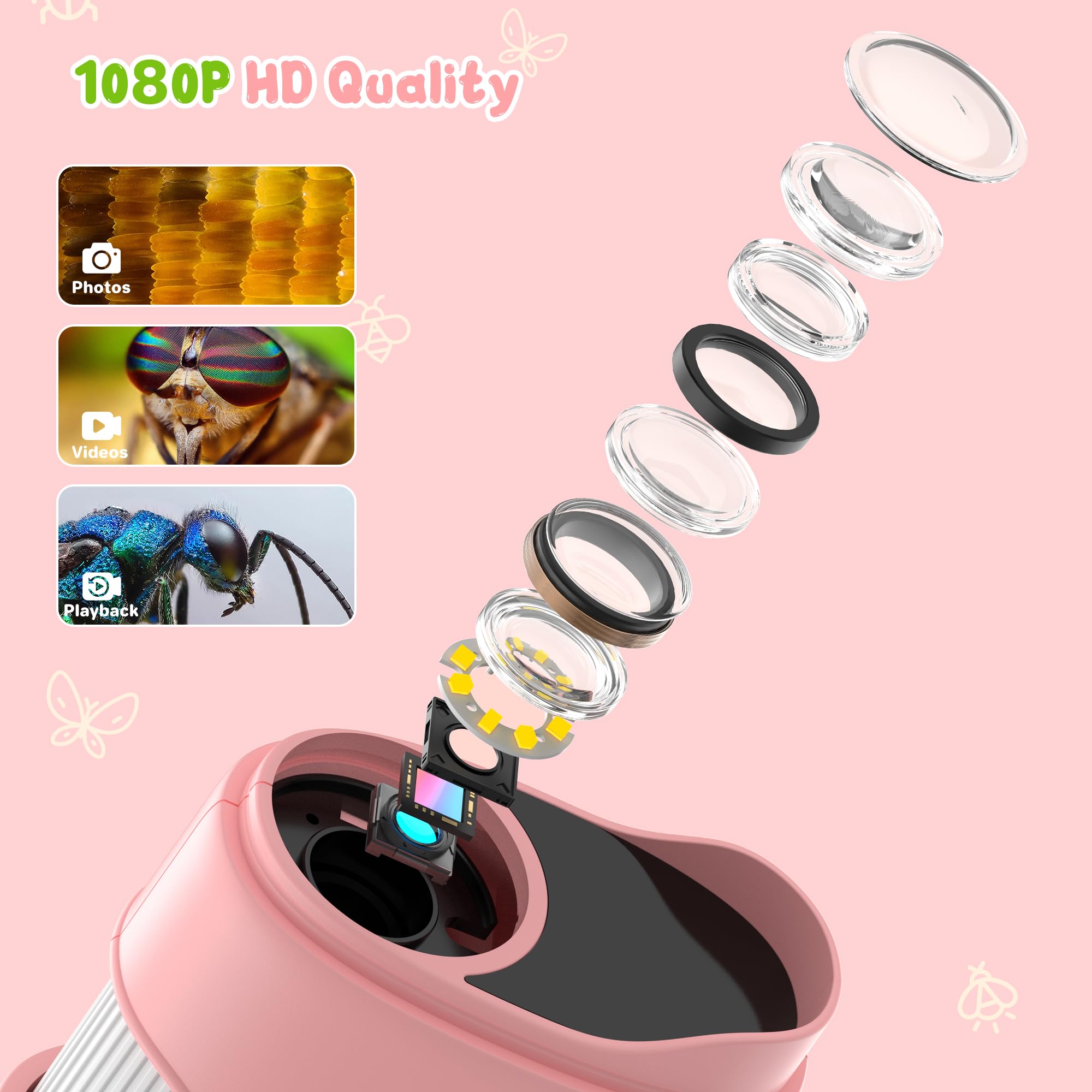 Microscopio digital de mano 1000X para niños: microscopio de bolsillo con pantalla IPS de 2.0 pulgadas, juguetes STEM, regalos de cumpleaños para niñas, niños y niños, kits portátiles de ciencia Edu para niños de 3 a 6 a 12 años
