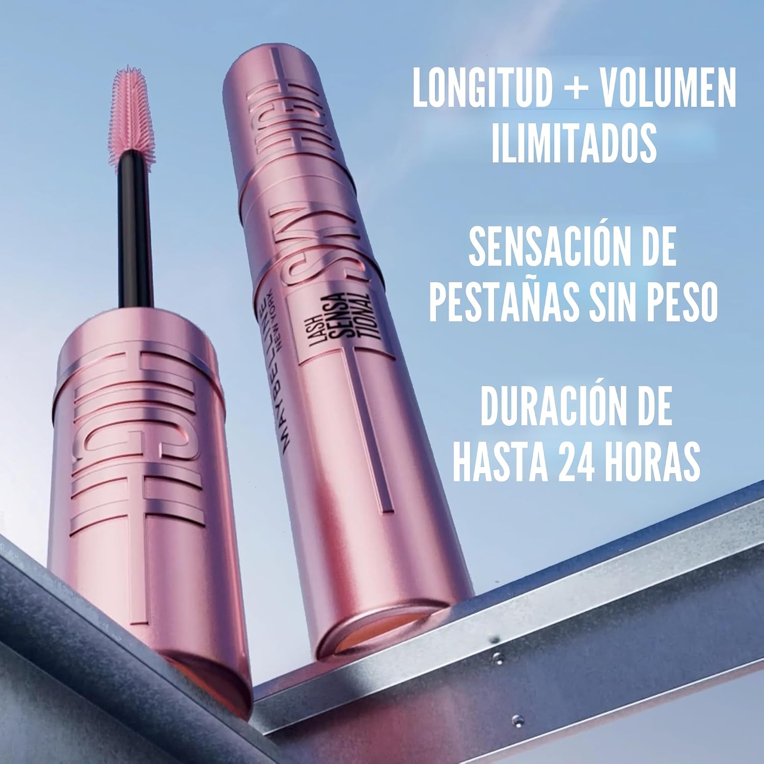 Maybelline Lash Sensational Sky High - Máscara de pestañas lavable, maquillaje, voluminizadora, alargadora, definidora, rizador, fórmula acumulable, negro más negro, 1 unidad