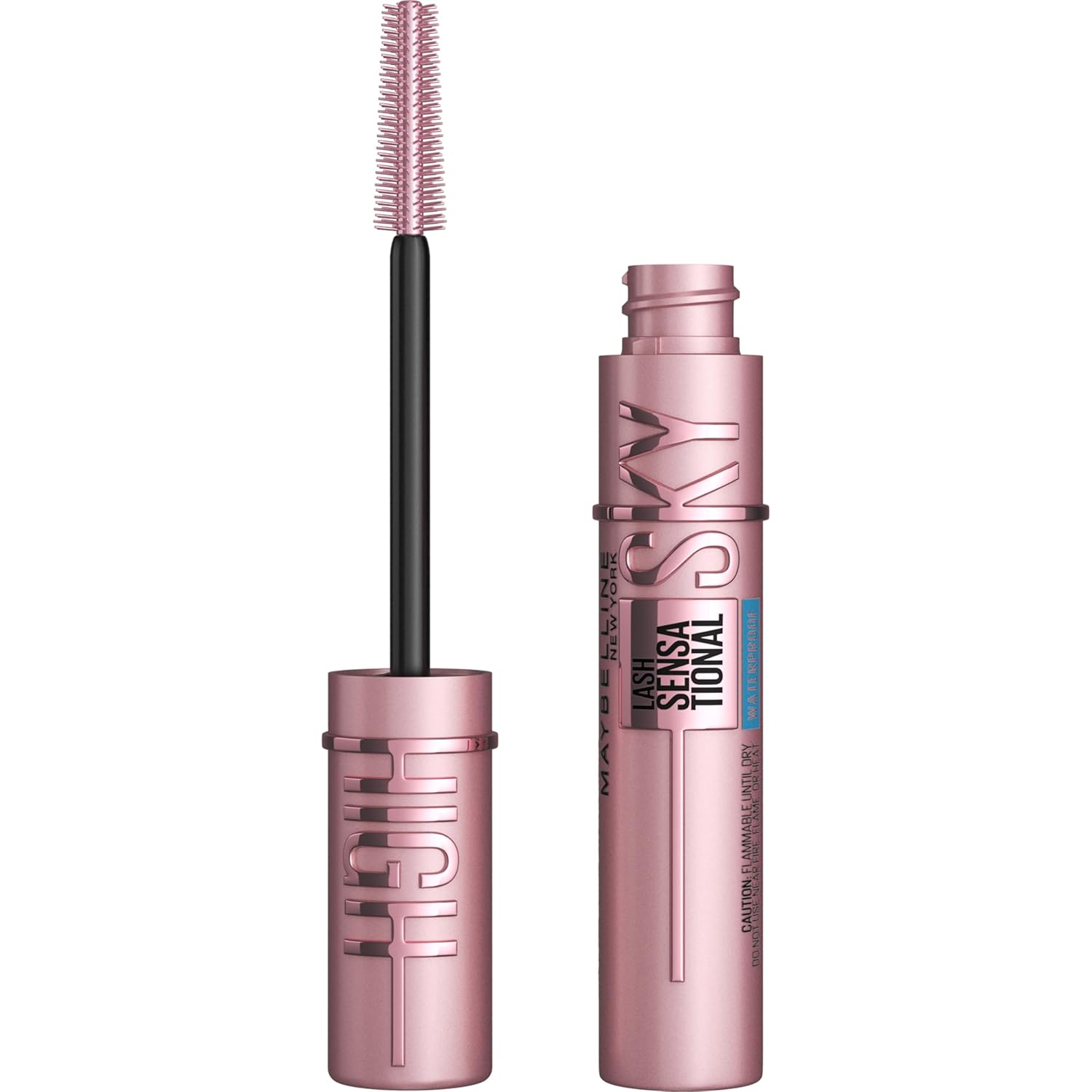Maybelline Lash Sensational Sky High - Máscara de pestañas lavable, maquillaje, voluminizadora, alargadora, definidora, rizador, fórmula acumulable, negro más negro, 1 unidad