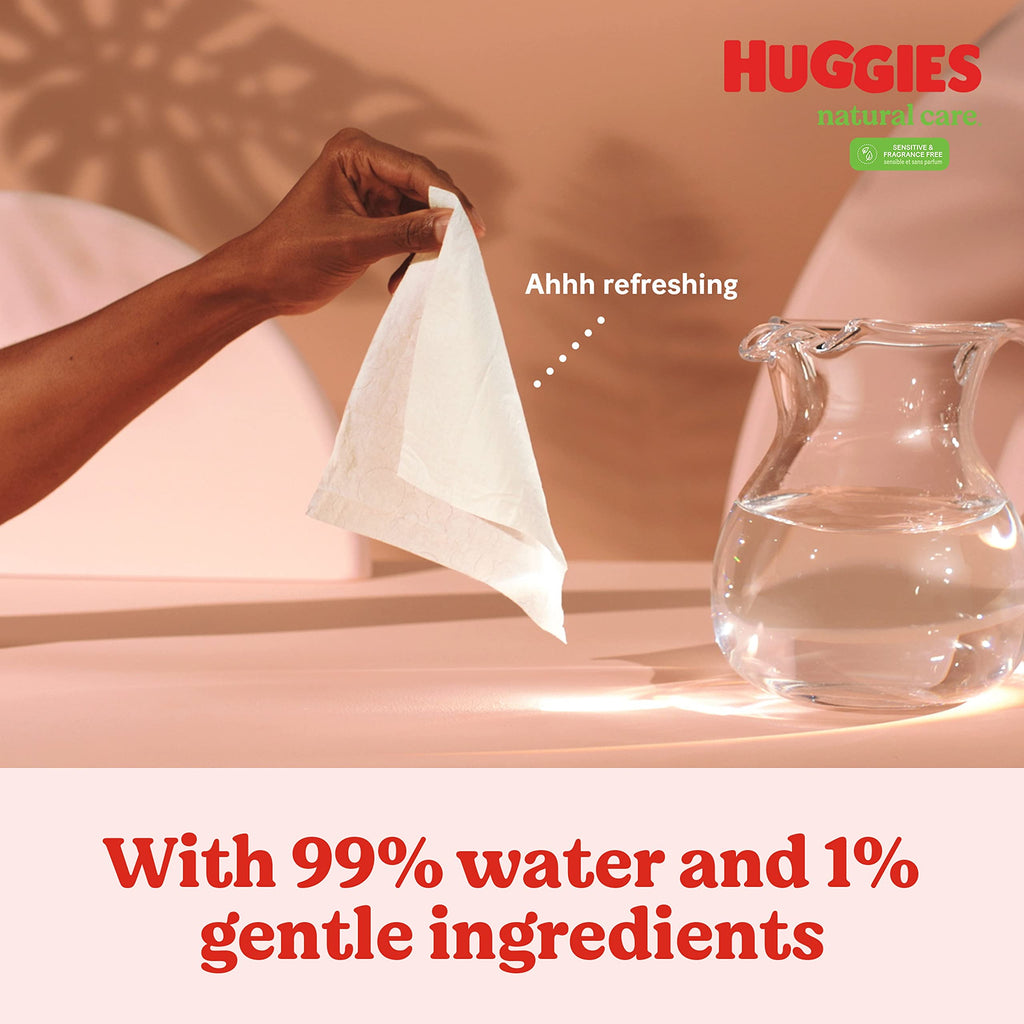 Huggies - Toallitas para bebés Natural Care Sensitive, sin perfume, hipoalergénicas, 99% de agua purificada, 12 paquetes abatibles (768 toallitas en total), el embalaje puede variar