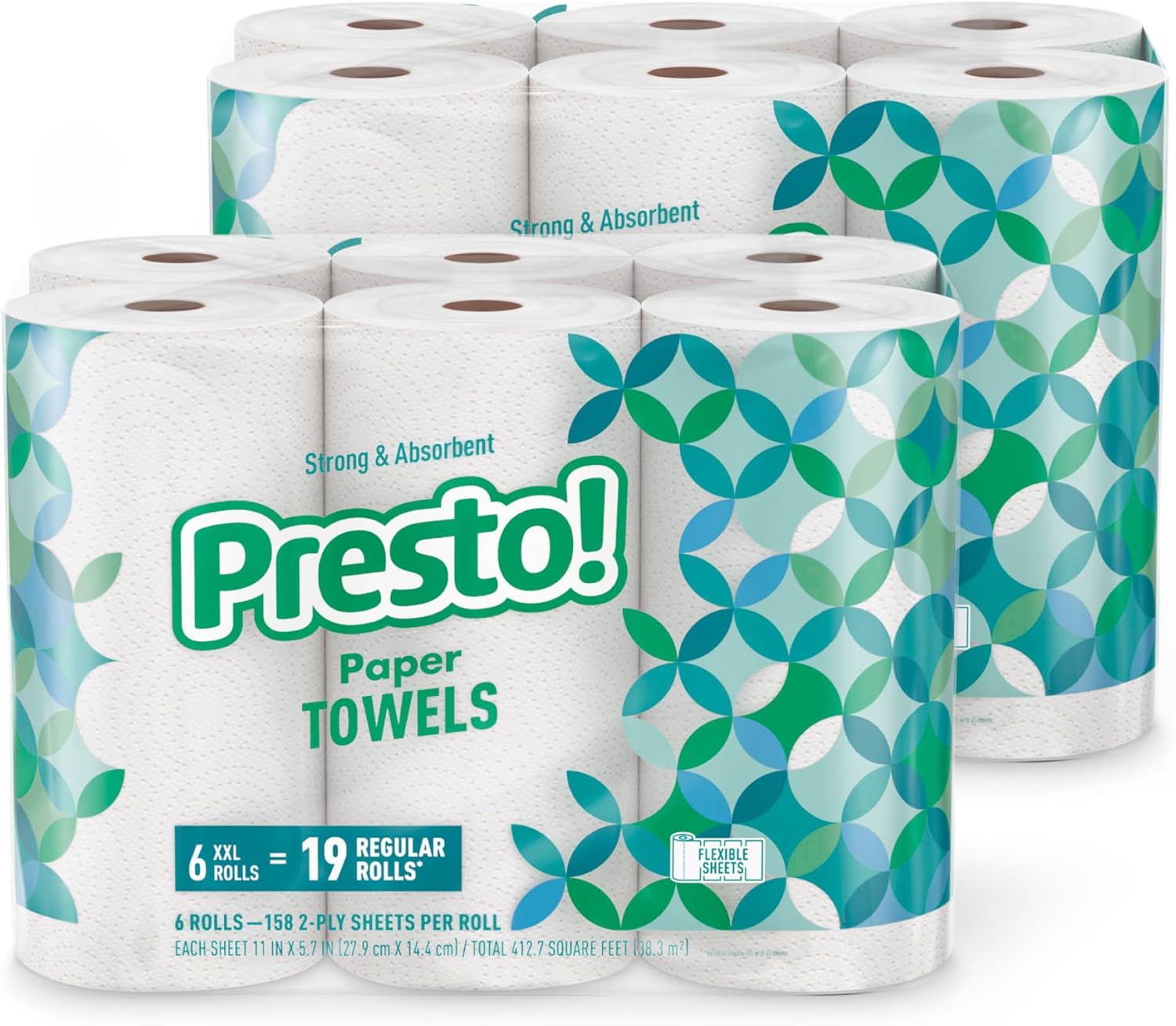 Marca Amazon - Presto! Toallas de papel Flex-a-Size, rollo enorme de 158 hojas, 12 rollos (2 paquetes de 6), equivalente a 38 rollos regulares, blanco