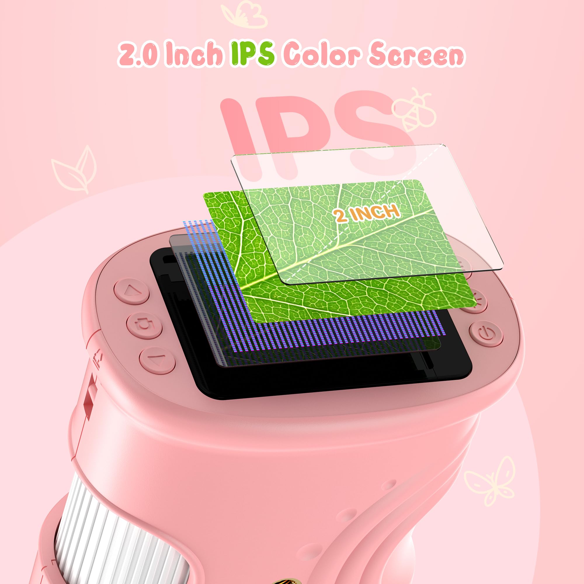 Microscopio digital de mano 1000X para niños: microscopio de bolsillo con pantalla IPS de 2.0 pulgadas, juguetes STEM, regalos de cumpleaños para niñas, niños y niños, kits portátiles de ciencia Edu para niños de 3 a 6 a 12 años