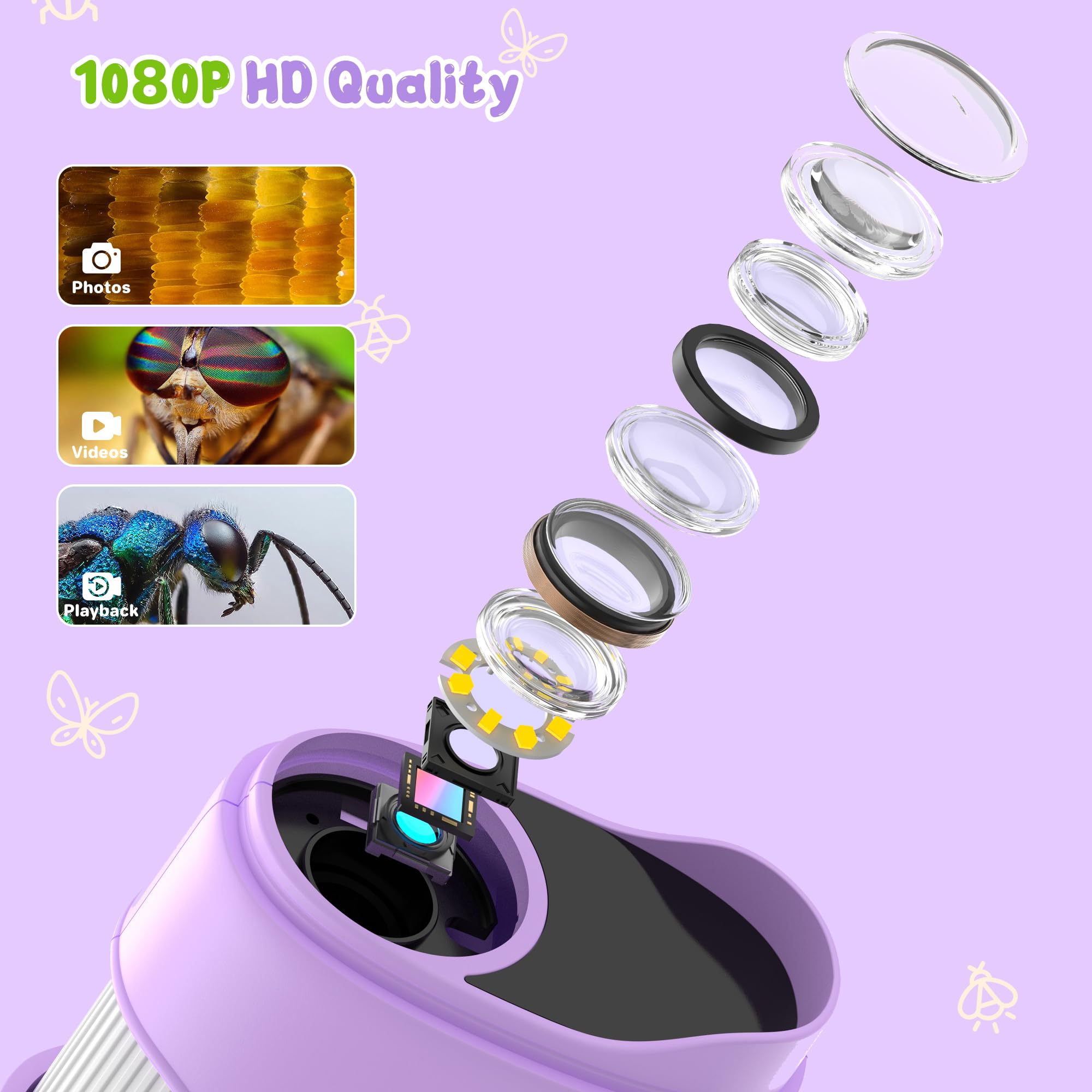 Microscopio digital de mano 1000X para niños: microscopio de bolsillo con pantalla IPS de 2.0 pulgadas, juguetes STEM, regalos de cumpleaños para niñas, niños y niños, kits portátiles de ciencia Edu para niños de 3 a 6 a 12 años