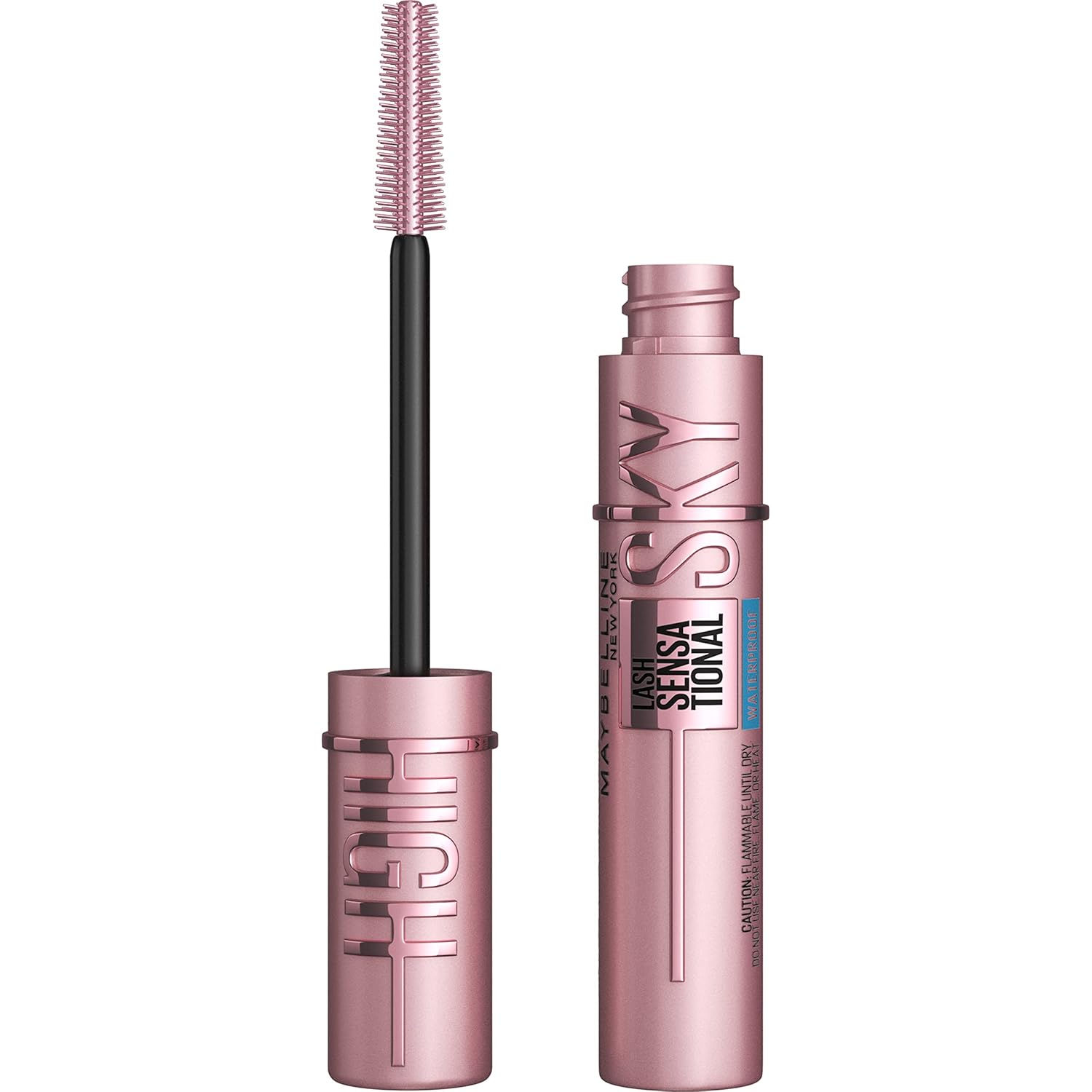 Maybelline Lash Sensational Sky High - Máscara de pestañas lavable, maquillaje, voluminizadora, alargadora, definidora, rizador, fórmula acumulable, negro más negro, 1 unidad