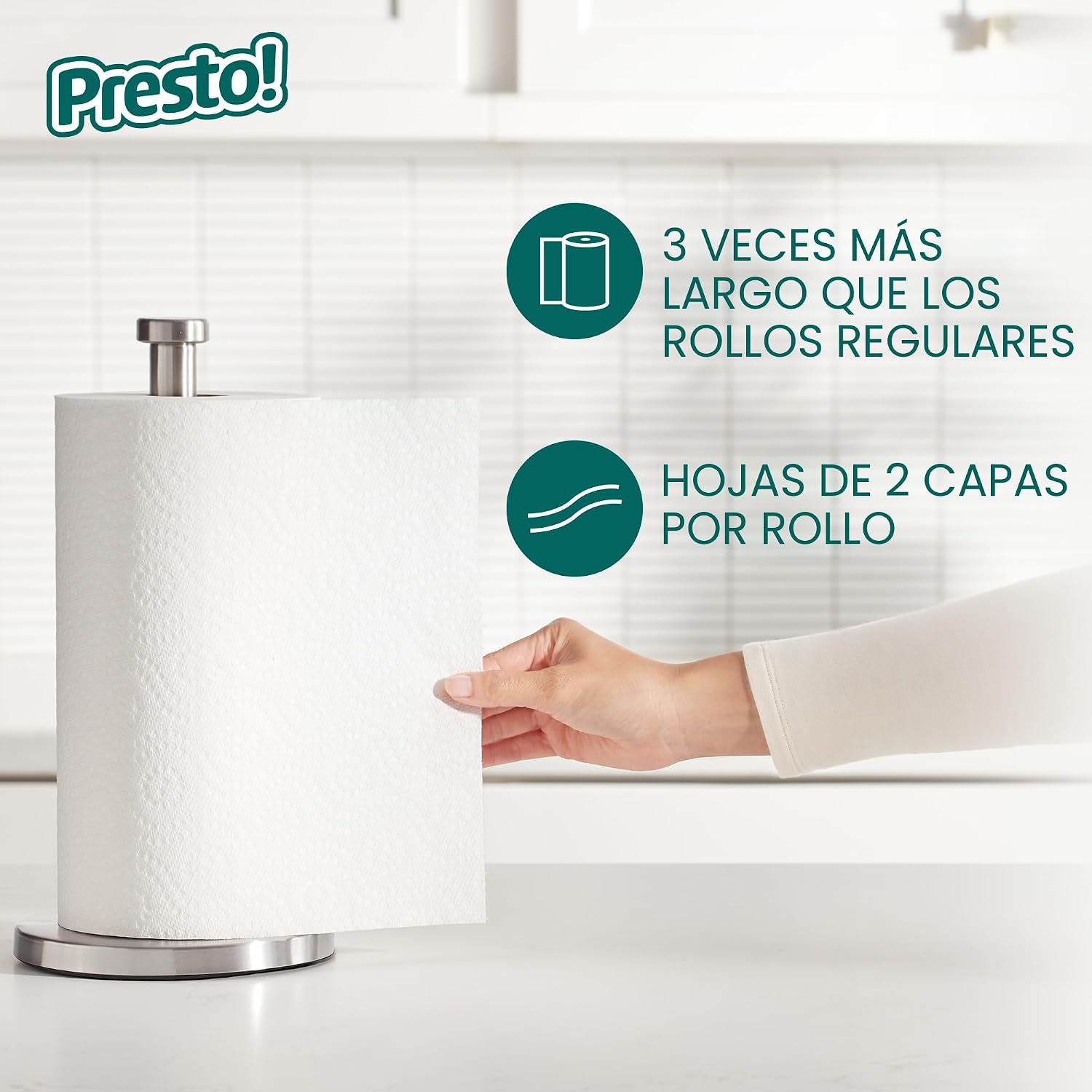 Marca Amazon - Presto! Toallas de papel Flex-a-Size, rollo enorme de 158 hojas, 12 rollos (2 paquetes de 6), equivalente a 38 rollos regulares, blanco