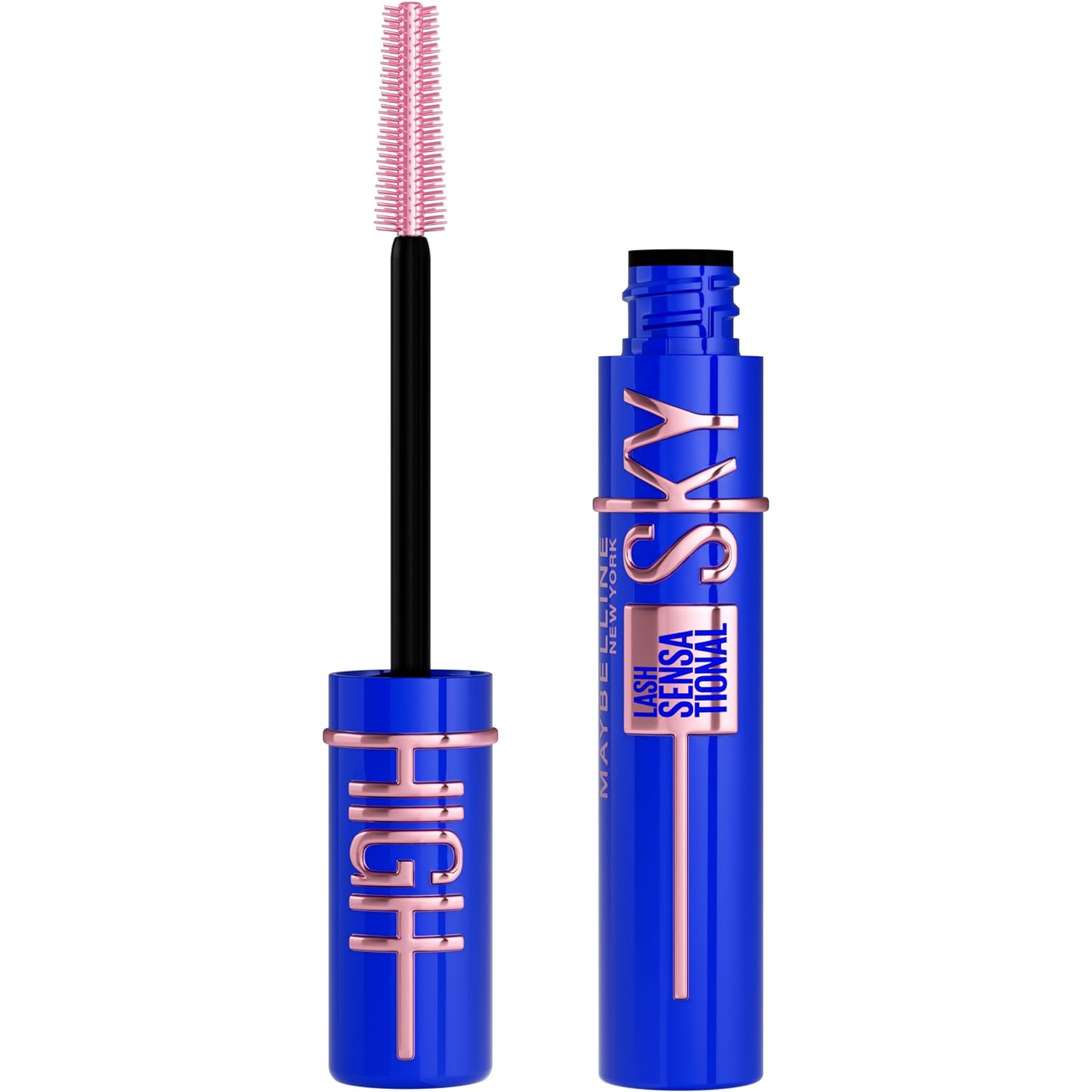 Maybelline Lash Sensational Sky High - Máscara de pestañas lavable, maquillaje, voluminizadora, alargadora, definidora, rizador, fórmula acumulable, negro más negro, 1 unidad