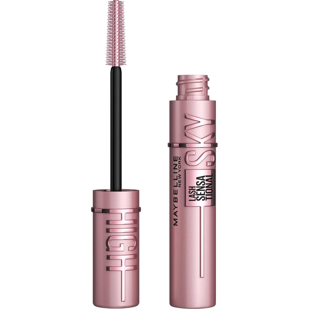 Maybelline Lash Sensational Sky High - Máscara de pestañas lavable, maquillaje, voluminizadora, alargadora, definidora, rizador, fórmula acumulable, negro más negro, 1 unidad