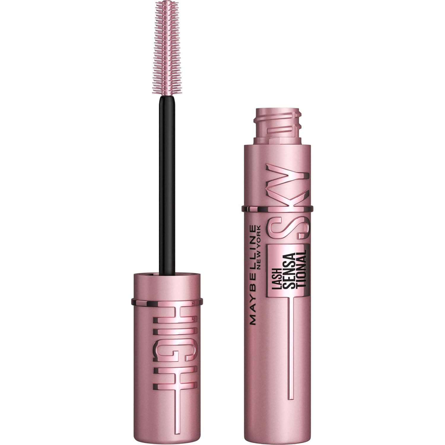 Maybelline Lash Sensational Sky High - Máscara de pestañas lavable, maquillaje, voluminizadora, alargadora, definidora, rizador, fórmula acumulable, negro más negro, 1 unidad