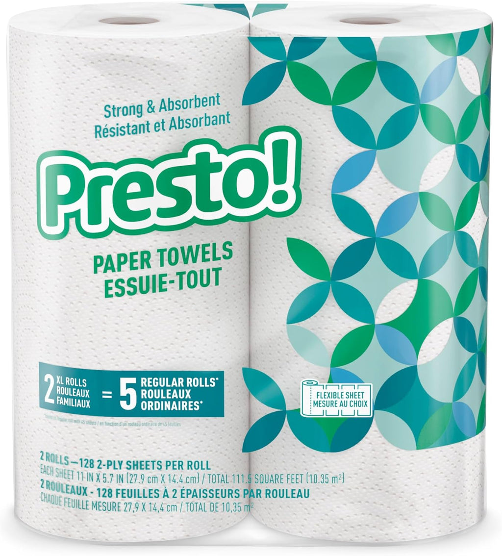 Marca Amazon - Presto! Toallas de papel Flex-a-Size, rollo enorme de 158 hojas, 12 rollos (2 paquetes de 6), equivalente a 38 rollos regulares, blanco
