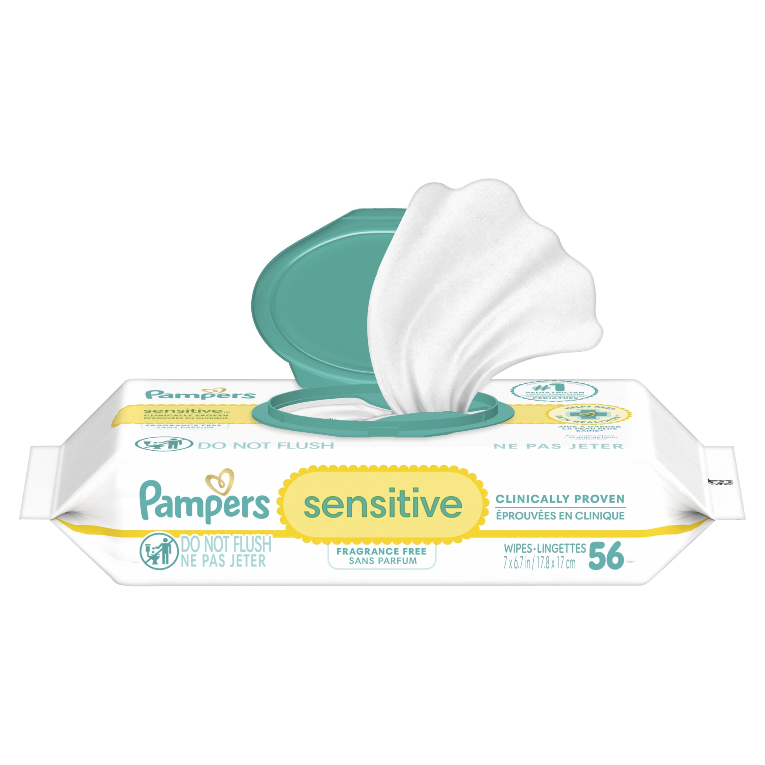 Pampers Sensitive Baby Wipes, Clinically Proven, Fragrance Free, Unscented, Water Based, Hypoallergenic, Multi-Use, Hand Wipes 1008 Wipes Total (18X Flip-Top Packs) [Packaging May Vary]