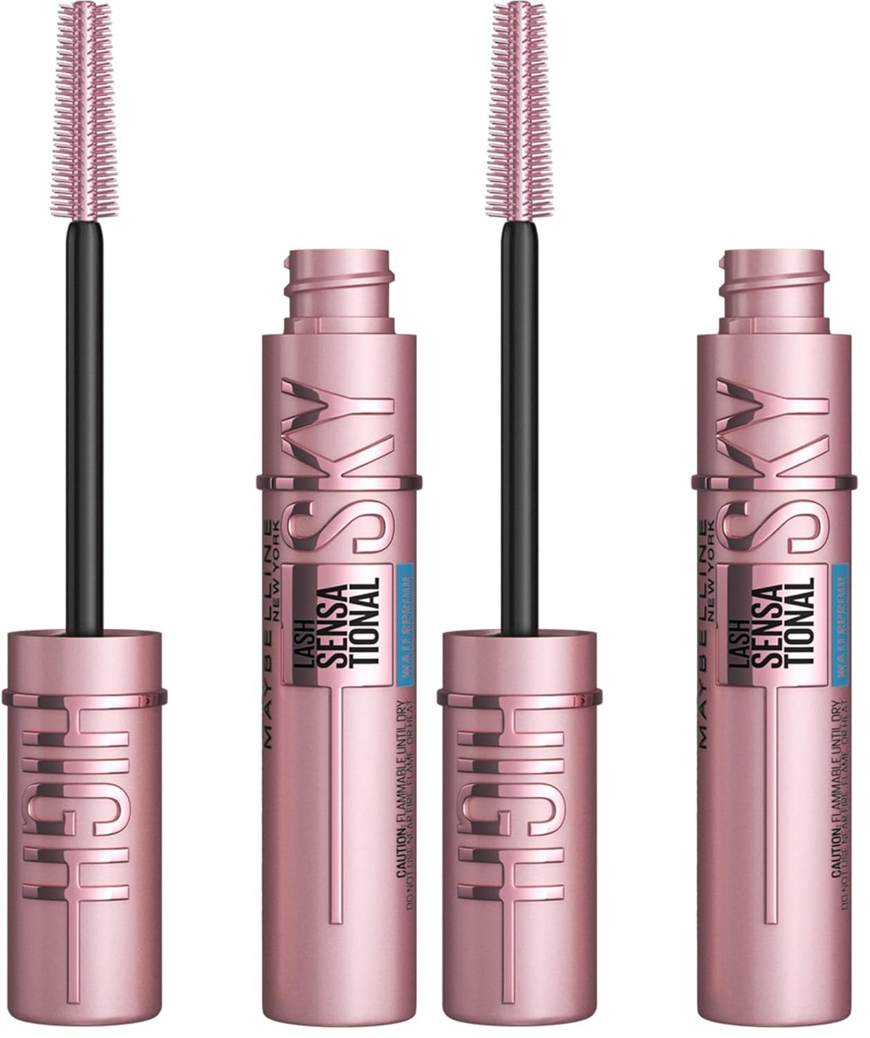 Maybelline Lash Sensational Sky High - Máscara de pestañas lavable, maquillaje, voluminizadora, alargadora, definidora, rizador, fórmula acumulable, negro más negro, 1 unidad