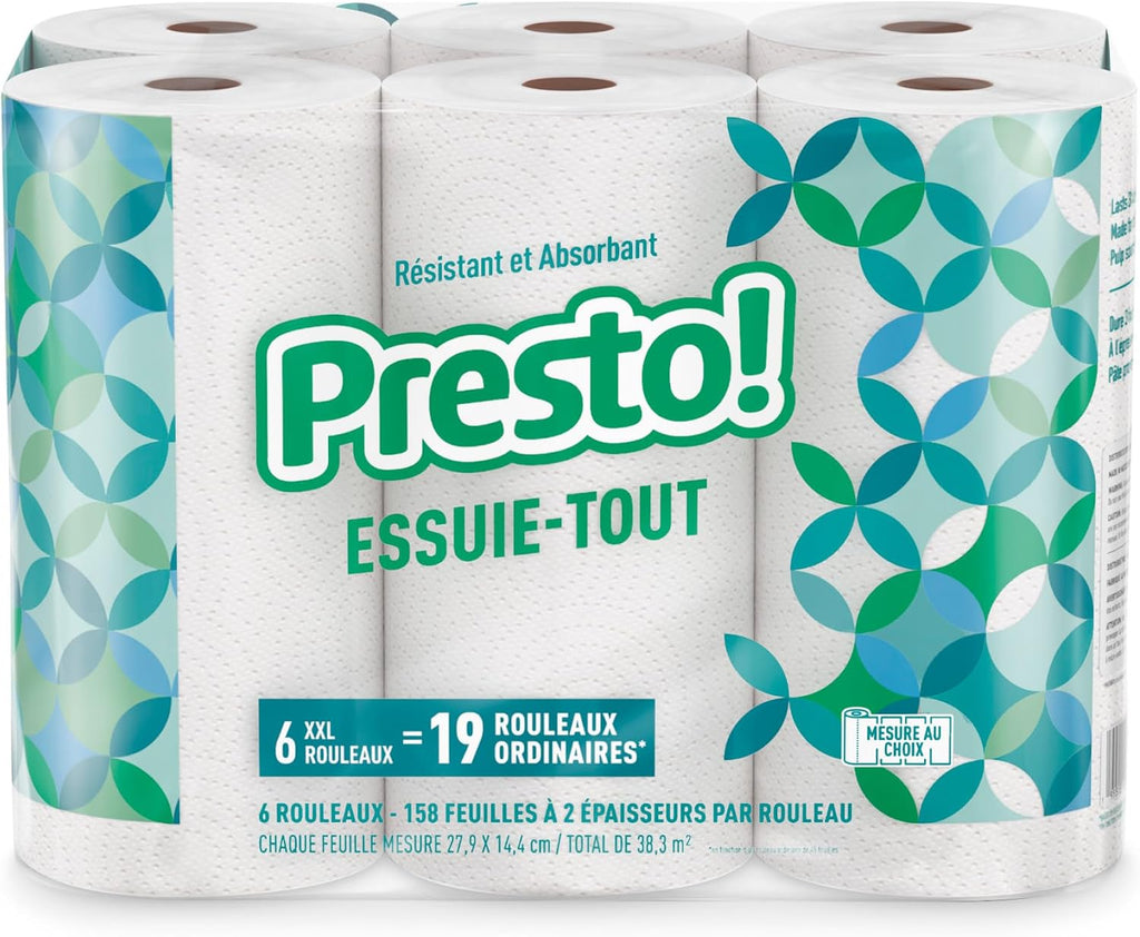 Marca Amazon - Presto! Toallas de papel Flex-a-Size, rollo enorme de 158 hojas, 12 rollos (2 paquetes de 6), equivalente a 38 rollos regulares, blanco
