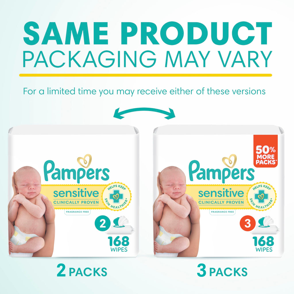 Pampers Sensitive Baby Wipes, Clinically Proven, Fragrance Free, Unscented, Water Based, Hypoallergenic, Multi-Use, Hand Wipes 1008 Wipes Total (18X Flip-Top Packs) [Packaging May Vary]