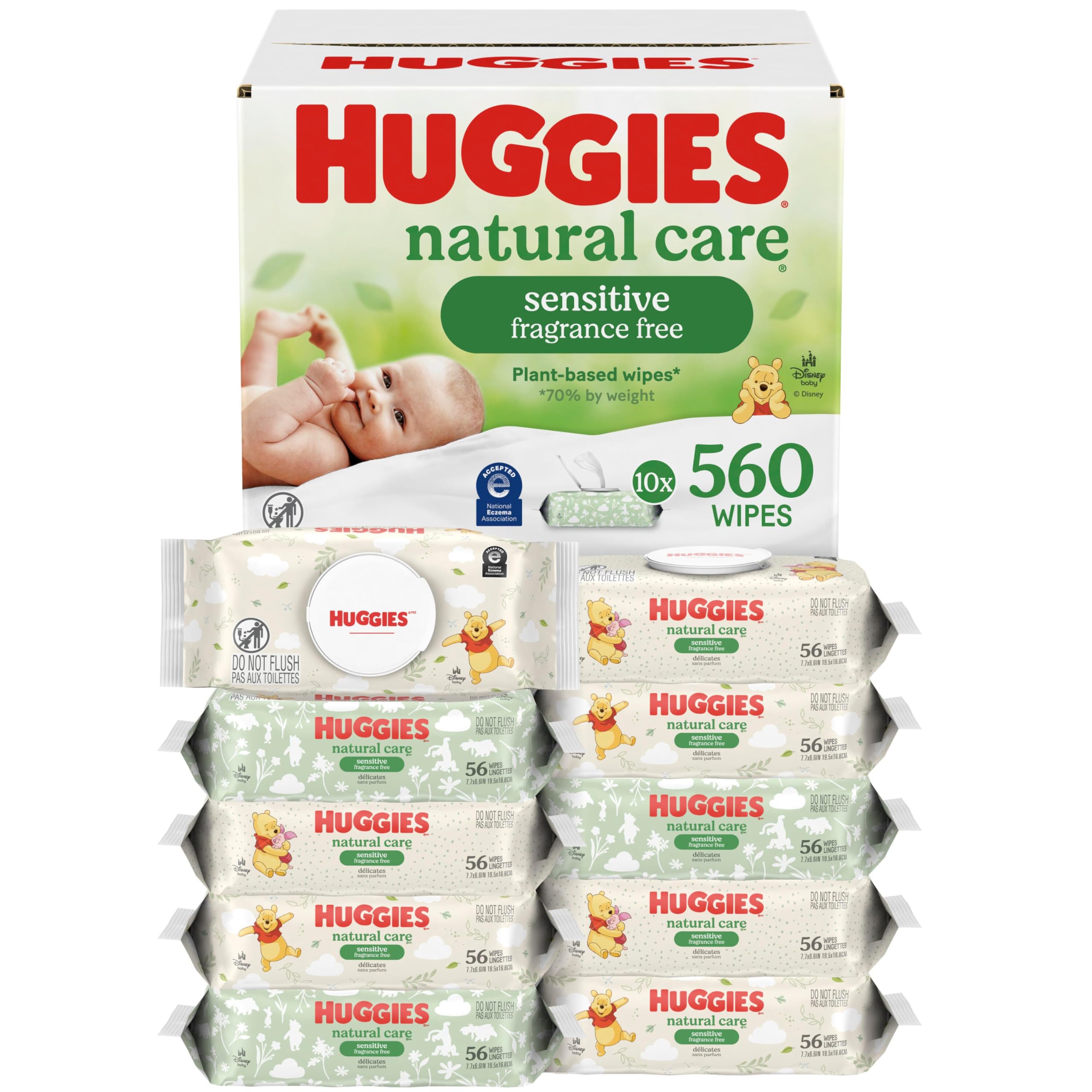 Huggies - Toallitas para bebés Natural Care Sensitive, sin perfume, hipoalergénicas, 99% de agua purificada, 12 paquetes abatibles (768 toallitas en total), el embalaje puede variar