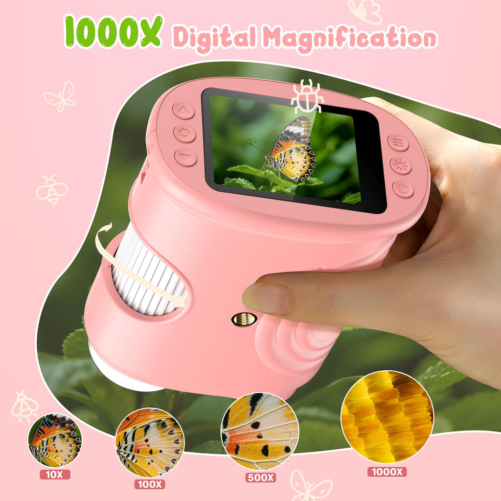 Microscopio digital de mano 1000X para niños: microscopio de bolsillo con pantalla IPS de 2.0 pulgadas, juguetes STEM, regalos de cumpleaños para niñas, niños y niños, kits portátiles de ciencia Edu para niños de 3 a 6 a 12 años