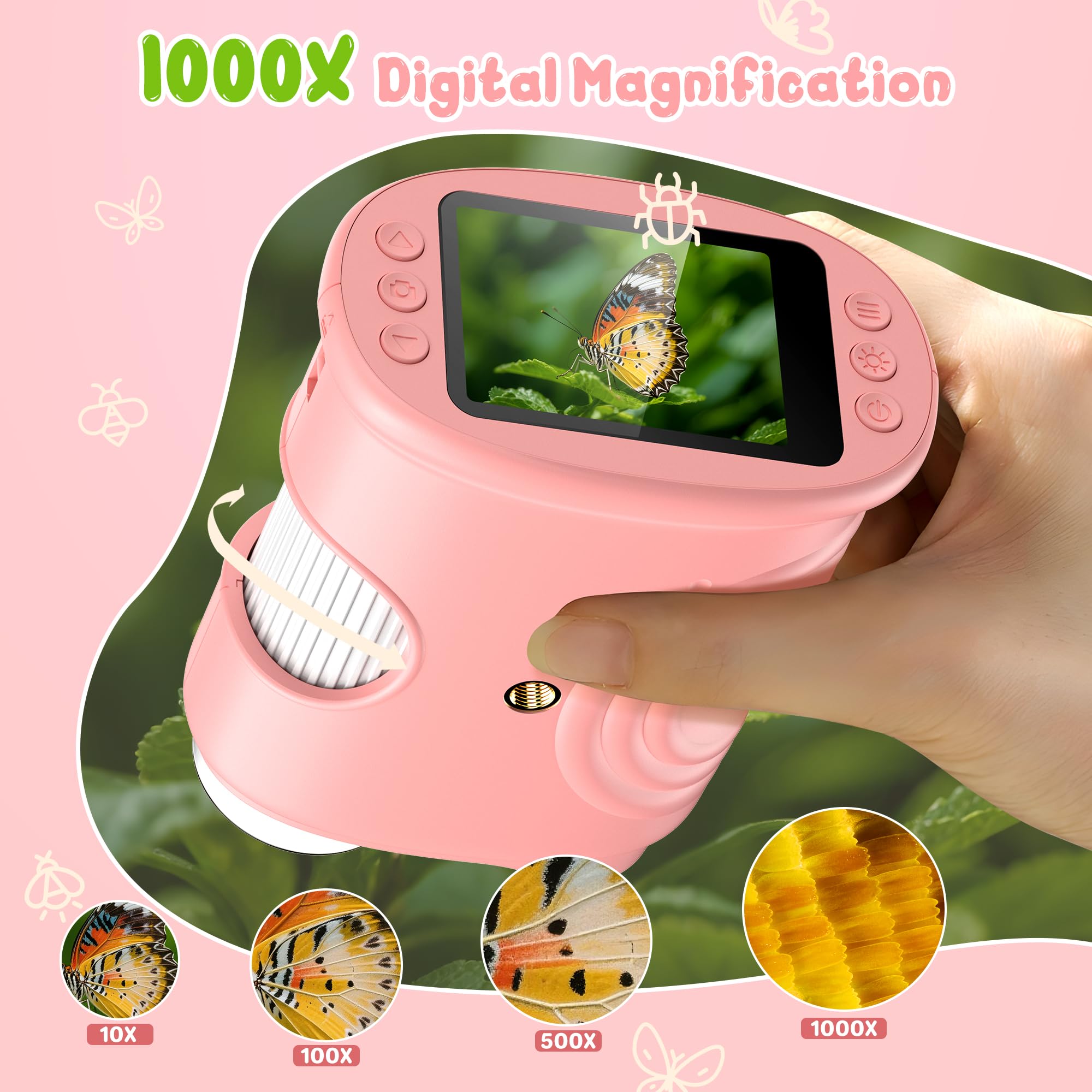 Microscopio digital de mano 1000X para niños: microscopio de bolsillo con pantalla IPS de 2.0 pulgadas, juguetes STEM, regalos de cumpleaños para niñas, niños y niños, kits portátiles de ciencia Edu para niños de 3 a 6 a 12 años