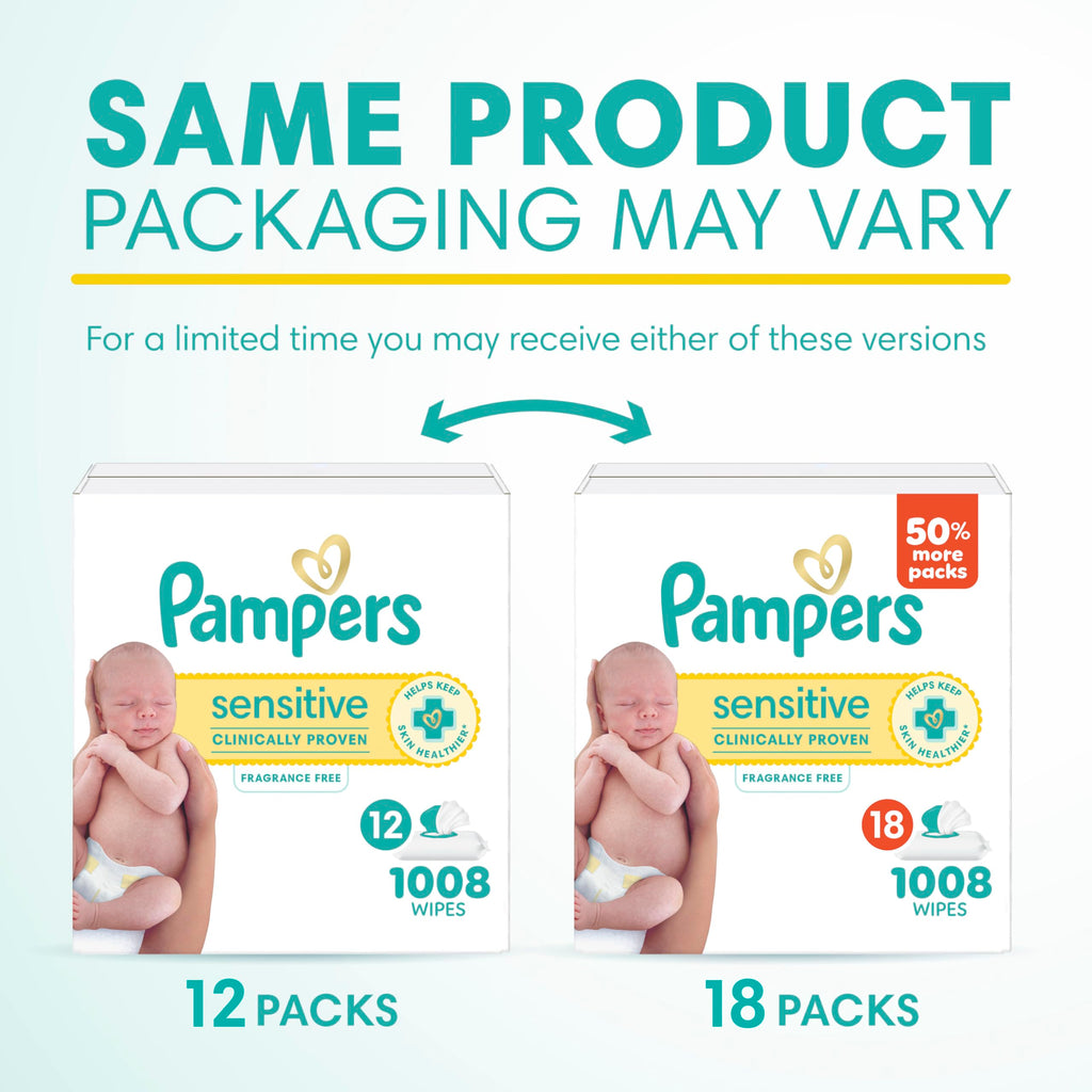Pampers Sensitive Baby Wipes, Clinically Proven, Fragrance Free, Unscented, Water Based, Hypoallergenic, Multi-Use, Hand Wipes 1008 Wipes Total (18X Flip-Top Packs) [Packaging May Vary]