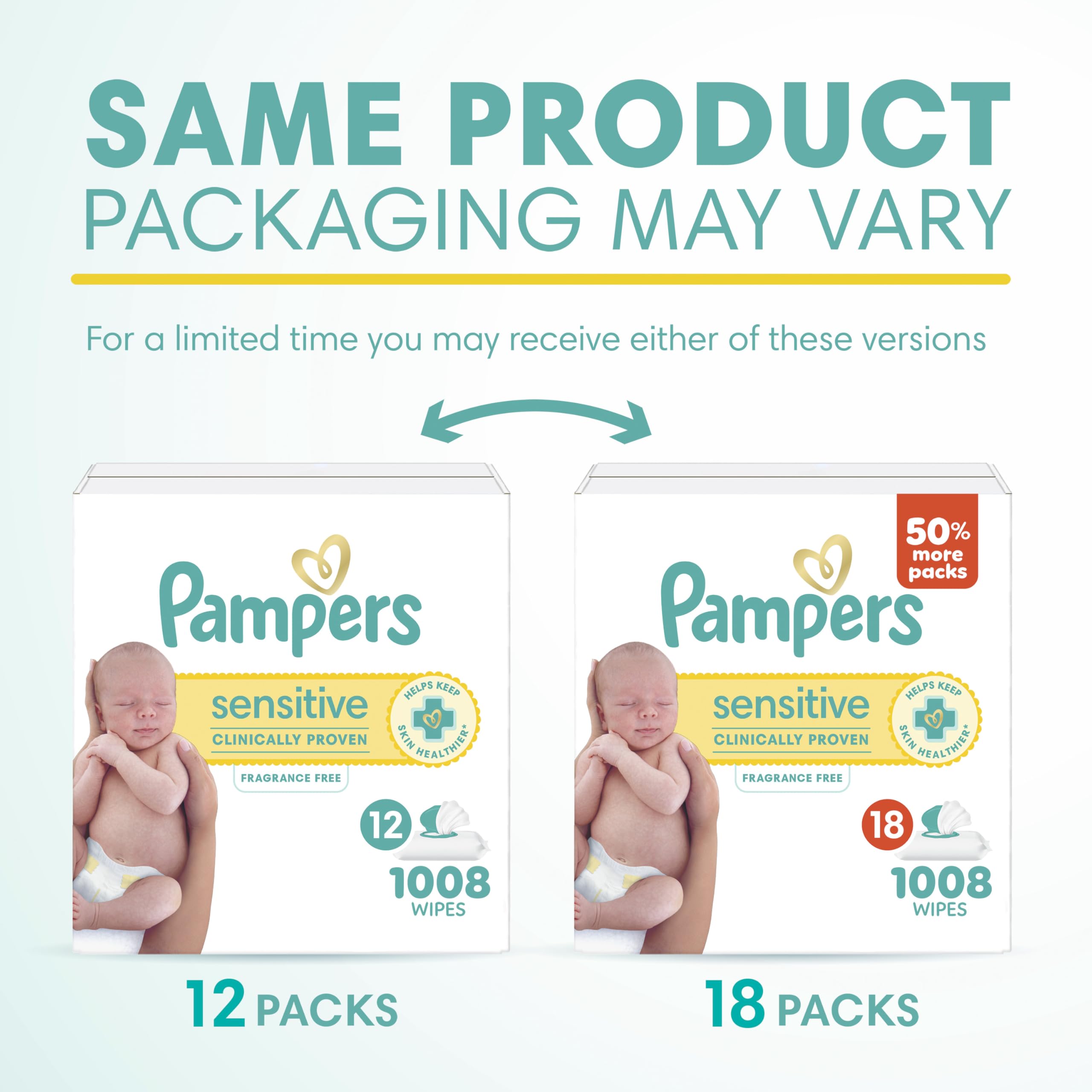 Pampers Sensitive Baby Wipes, Clinically Proven, Fragrance Free, Unscented, Water Based, Hypoallergenic, Multi-Use, Hand Wipes 1008 Wipes Total (18X Flip-Top Packs) [Packaging May Vary]