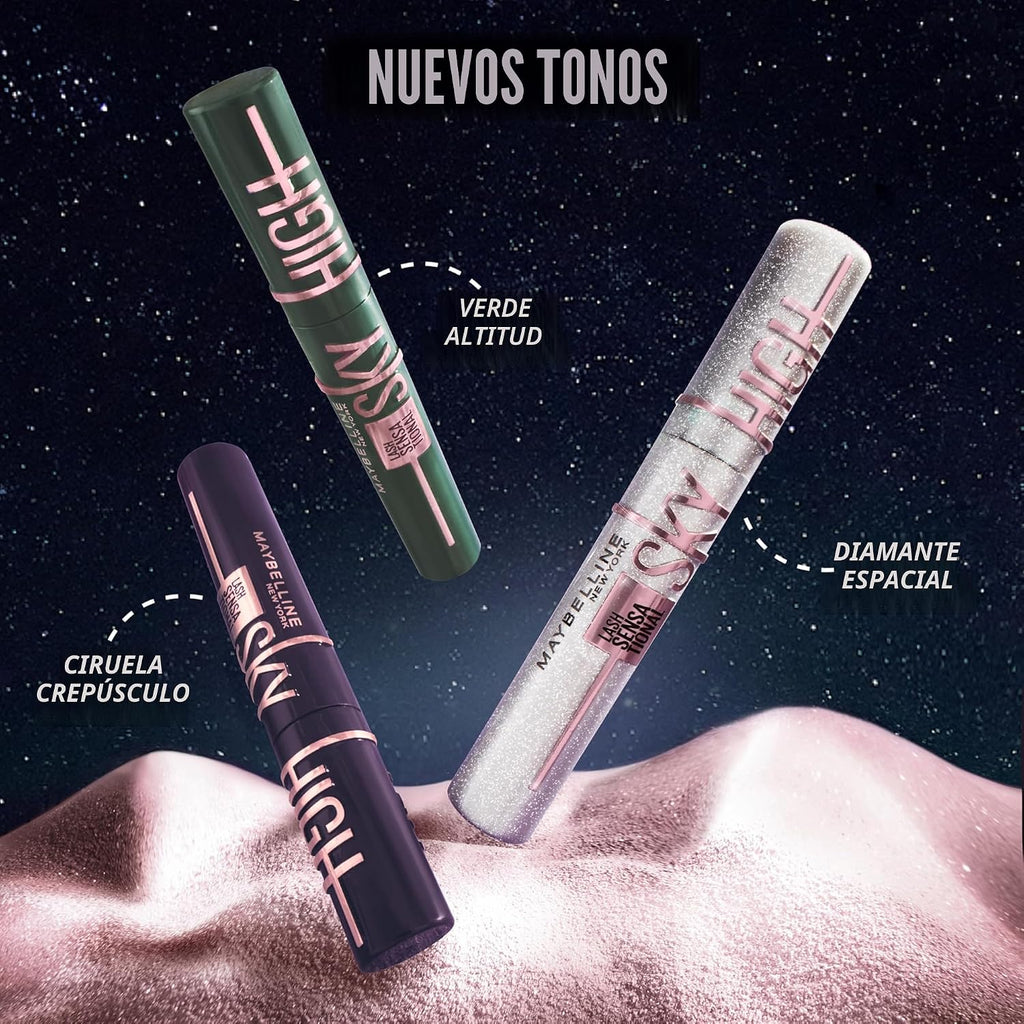 Maybelline Lash Sensational Sky High - Máscara de pestañas lavable, maquillaje, voluminizadora, alargadora, definidora, rizador, fórmula acumulable, negro más negro, 1 unidad