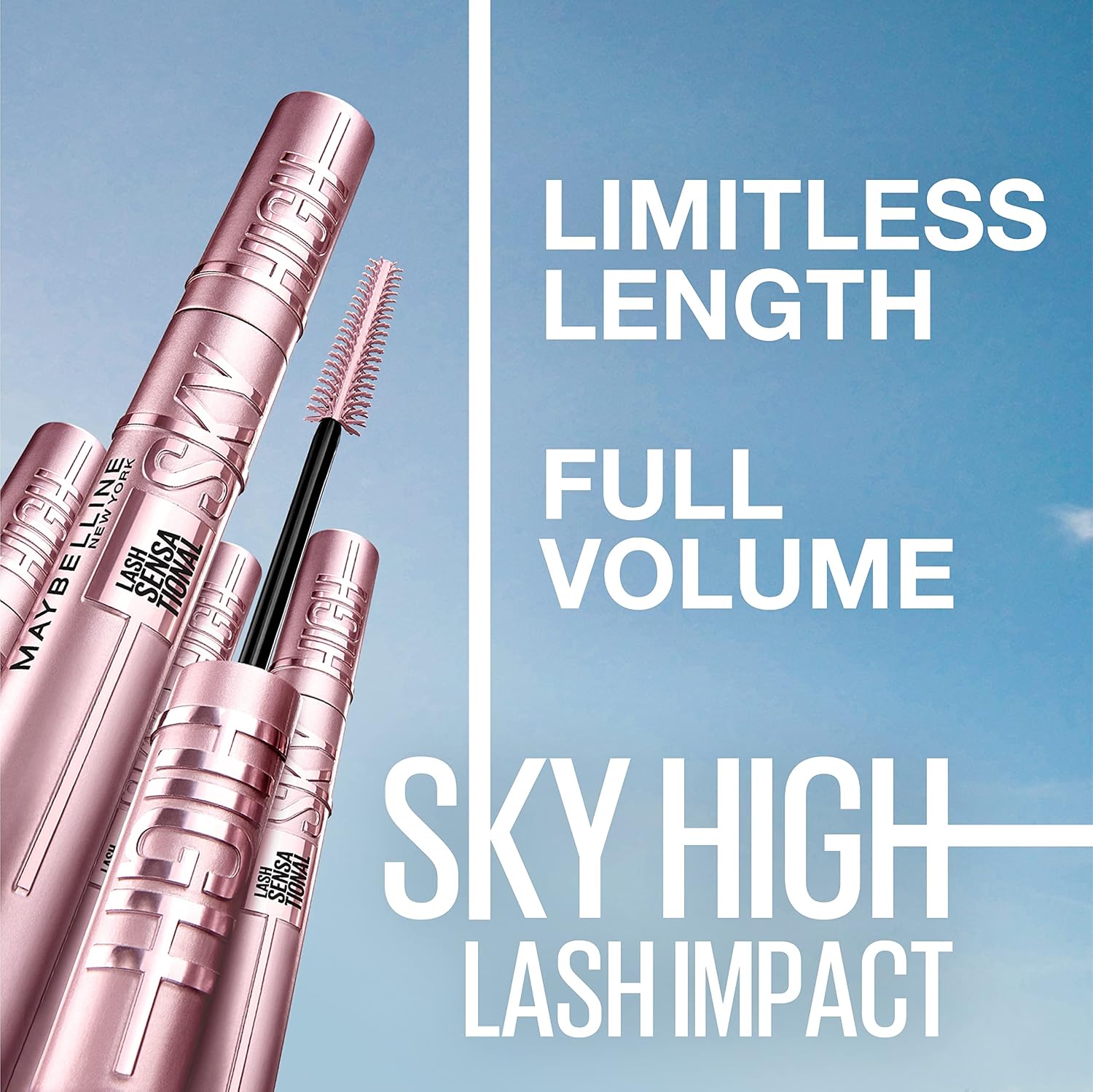 Maybelline Lash Sensational Sky High - Máscara de pestañas lavable, maquillaje, voluminizadora, alargadora, definidora, rizador, fórmula acumulable, negro más negro, 1 unidad