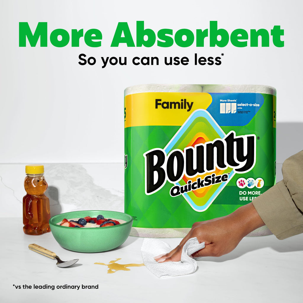 Bounty Quick-Size - Toallas de papel, paquete familiar de 8 rollos triples = 27 rollos regulares, color blanco