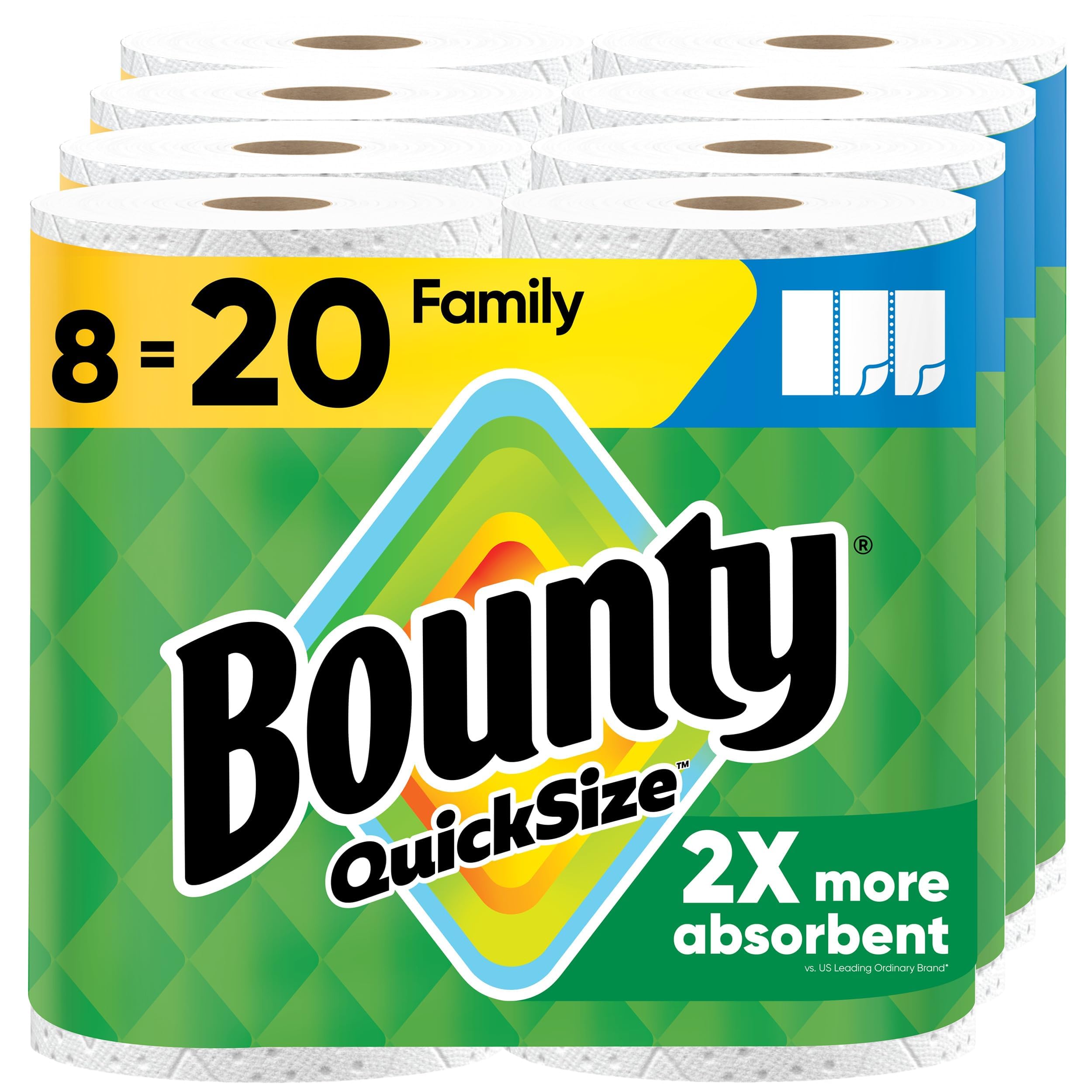 Bounty Quick-Size - Toallas de papel, paquete familiar de 8 rollos triples = 27 rollos regulares, color blanco