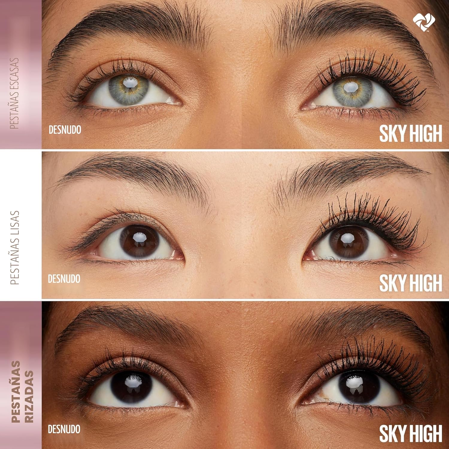 Maybelline Lash Sensational Sky High - Máscara de pestañas lavable, maquillaje, voluminizadora, alargadora, definidora, rizador, fórmula acumulable, negro más negro, 1 unidad
