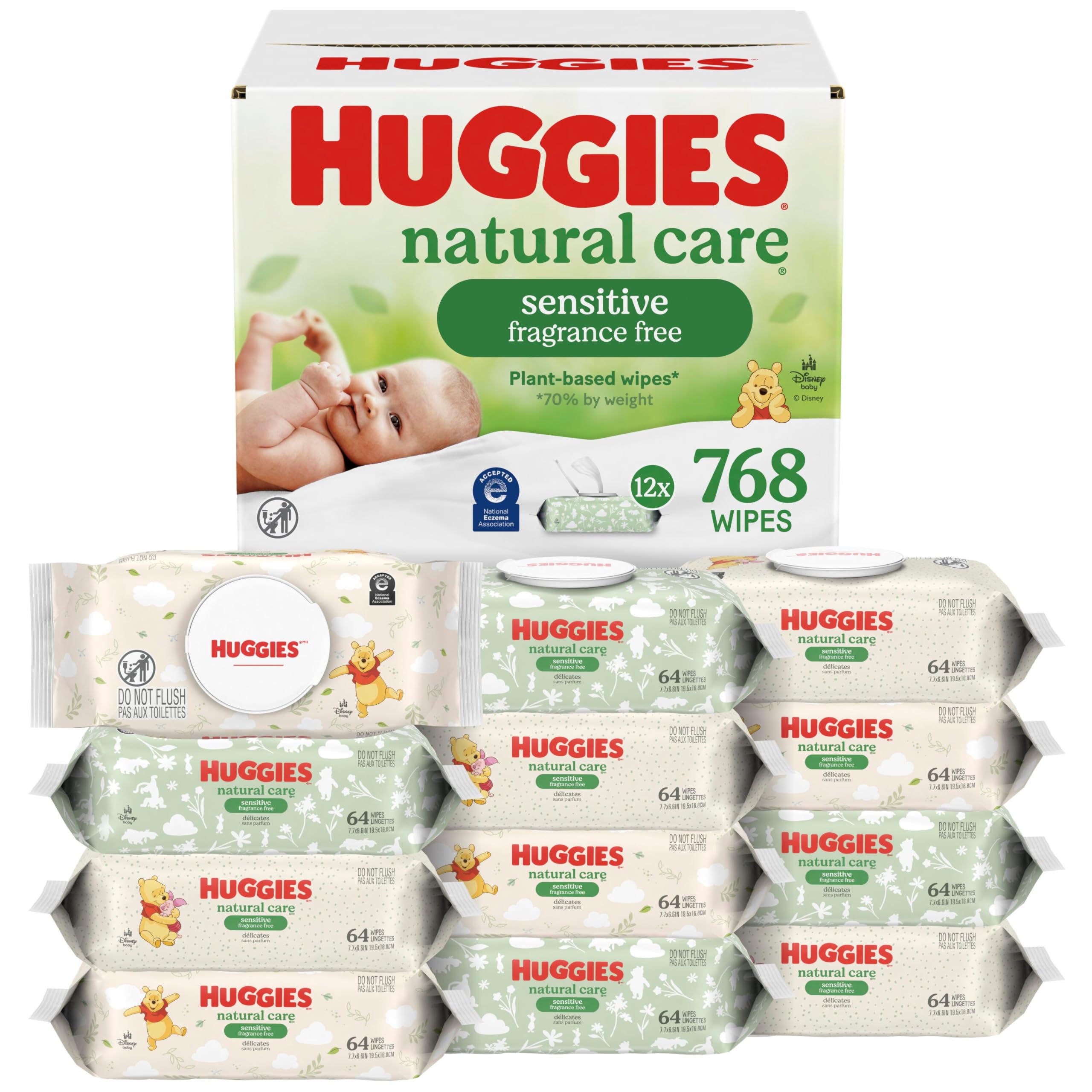 Huggies - Toallitas para bebés Natural Care Sensitive, sin perfume, hipoalergénicas, 99% de agua purificada, 12 paquetes abatibles (768 toallitas en total), el embalaje puede variar