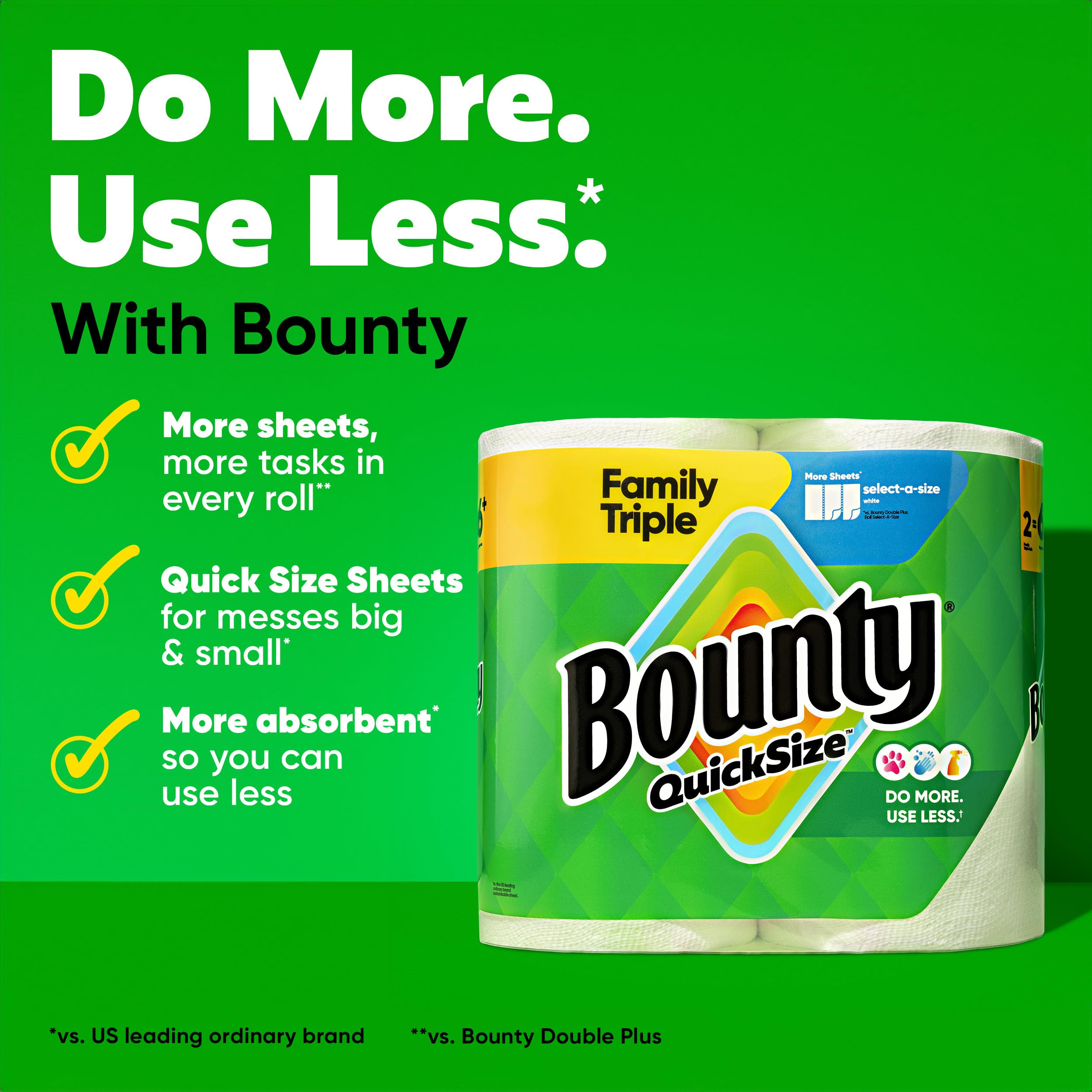 Bounty Quick-Size - Toallas de papel, paquete familiar de 8 rollos triples = 27 rollos regulares, color blanco