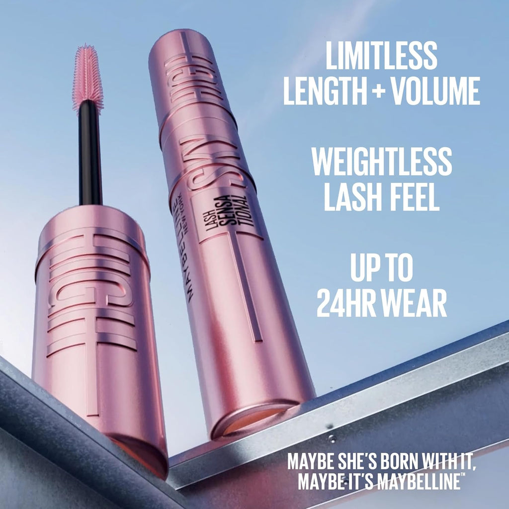 Maybelline Lash Sensational Sky High - Máscara de pestañas lavable, maquillaje, voluminizadora, alargadora, definidora, rizador, fórmula acumulable, negro más negro, 1 unidad