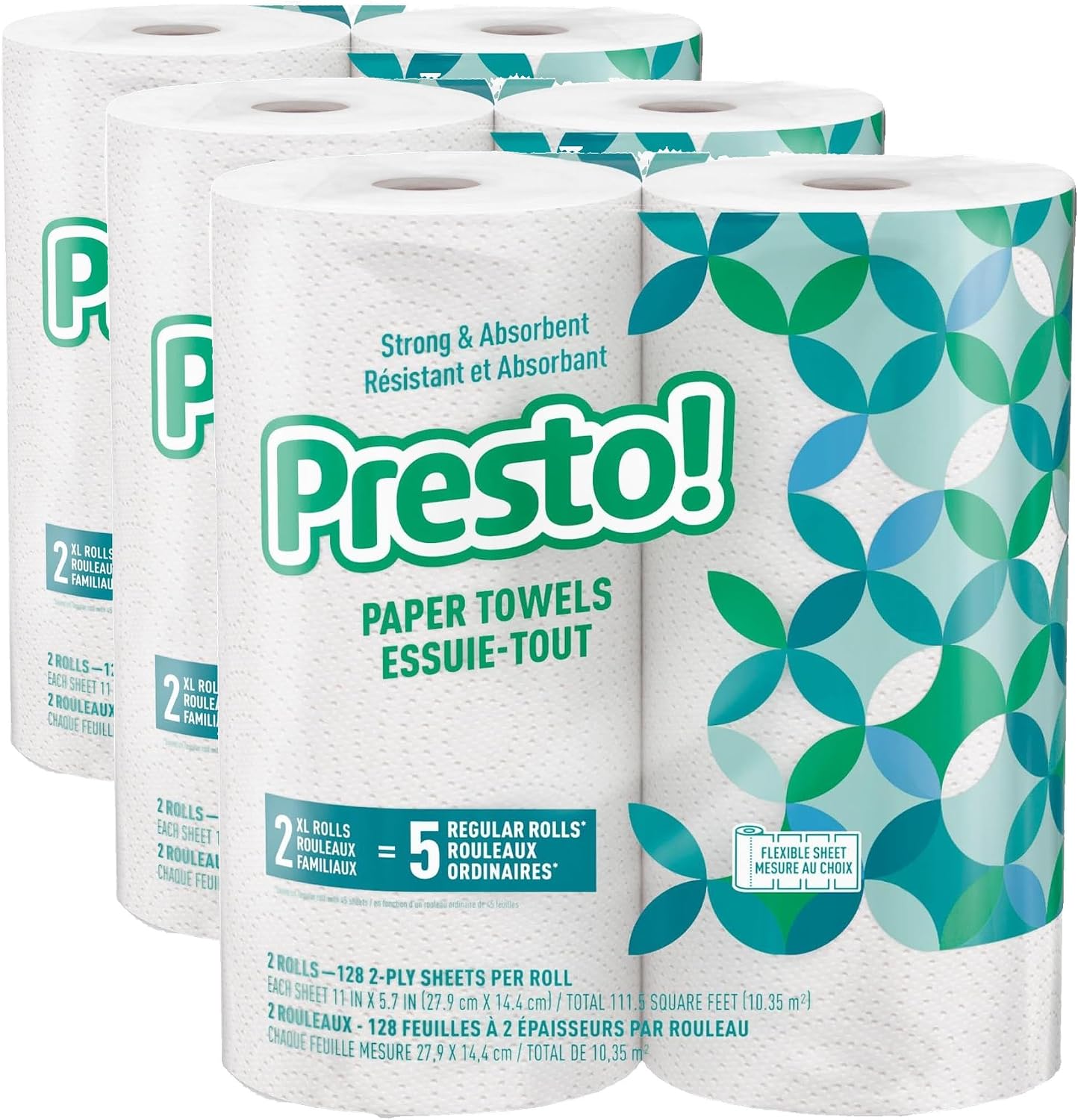 Marca Amazon - Presto! Toallas de papel Flex-a-Size, rollo enorme de 158 hojas, 12 rollos (2 paquetes de 6), equivalente a 38 rollos regulares, blanco