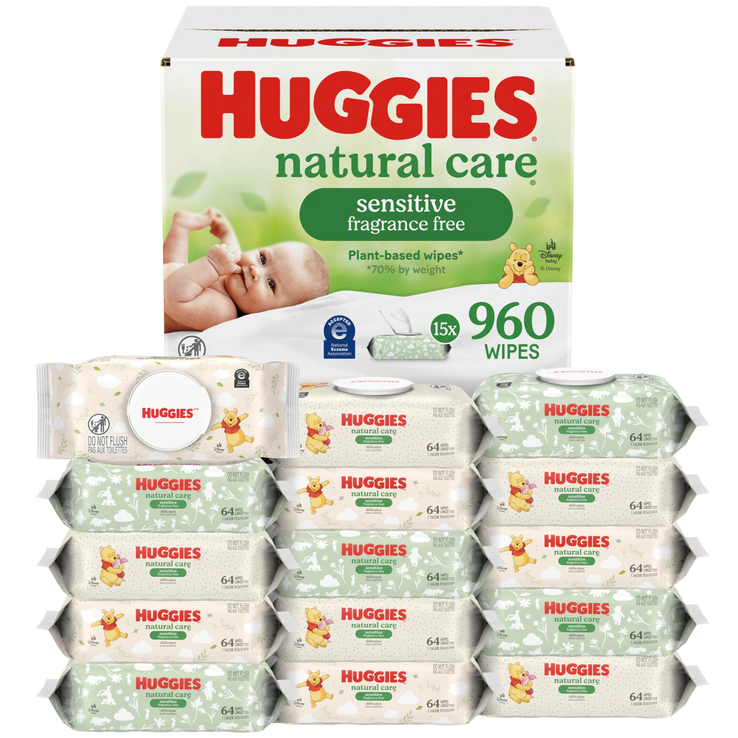 Huggies - Toallitas para bebés Natural Care Sensitive, sin perfume, hipoalergénicas, 99% de agua purificada, 12 paquetes abatibles (768 toallitas en total), el embalaje puede variar