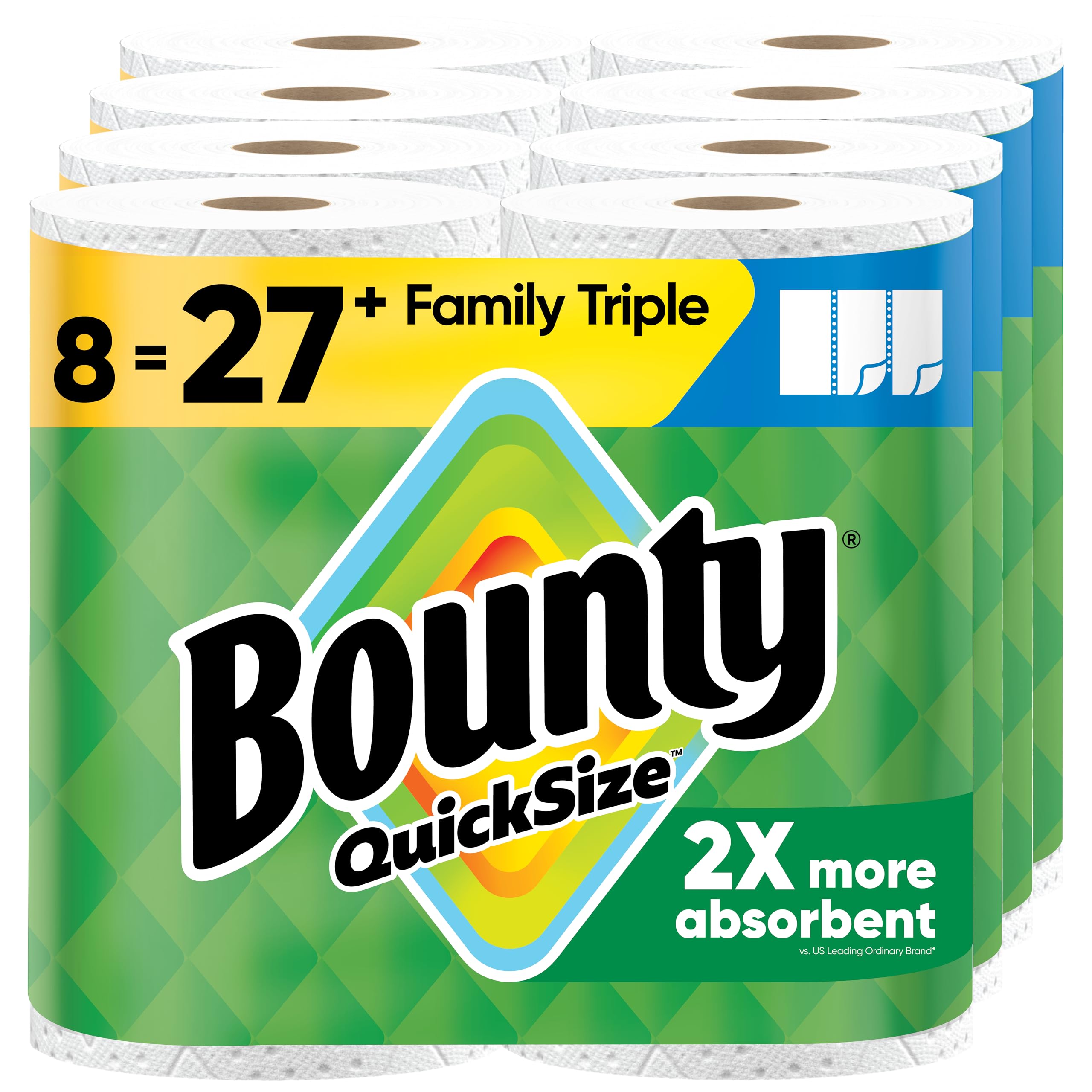 Bounty Quick-Size - Toallas de papel, paquete familiar de 8 rollos triples = 27 rollos regulares, color blanco