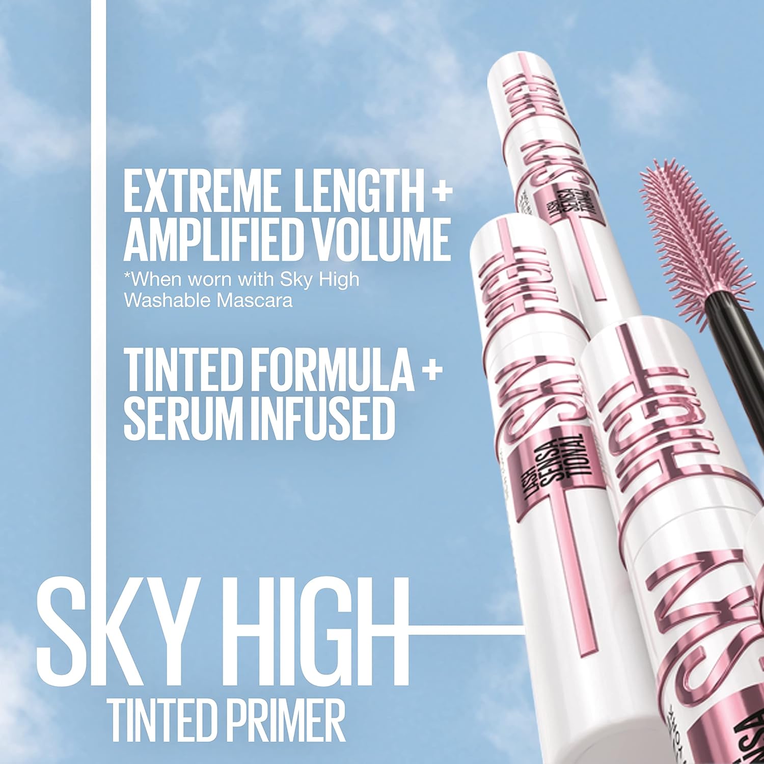 Maybelline Lash Sensational Sky High - Máscara de pestañas lavable, maquillaje, voluminizadora, alargadora, definidora, rizador, fórmula acumulable, negro más negro, 1 unidad