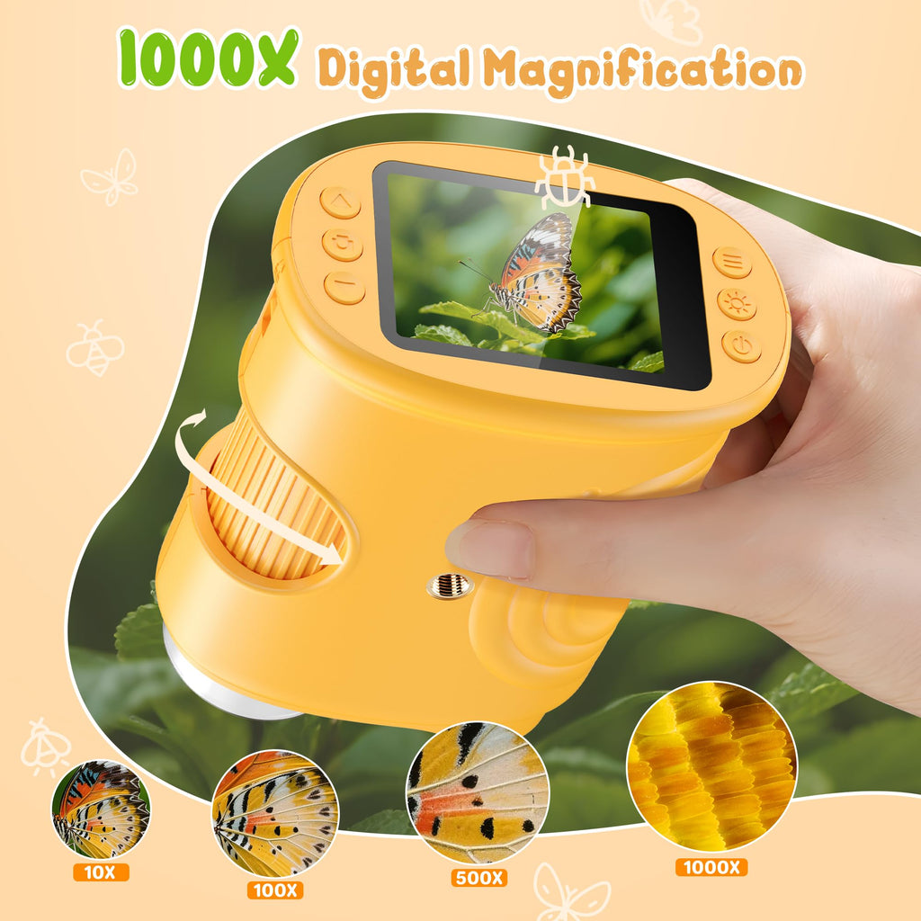 Microscopio digital de mano 1000X para niños: microscopio de bolsillo con pantalla IPS de 2.0 pulgadas, juguetes STEM, regalos de cumpleaños para niñas, niños y niños, kits portátiles de ciencia Edu para niños de 3 a 6 a 12 años
