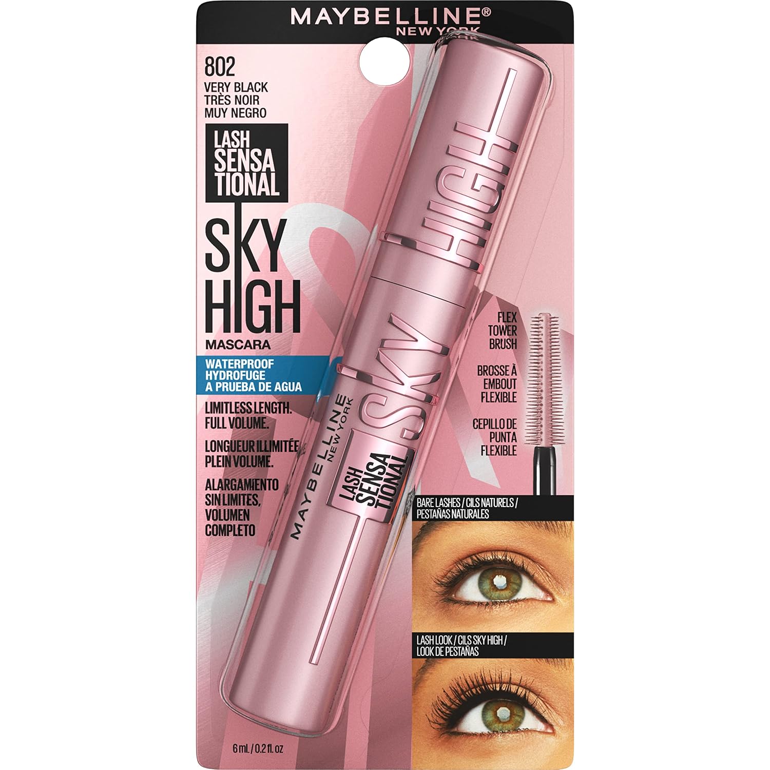 Maybelline Lash Sensational Sky High - Máscara de pestañas lavable, maquillaje, voluminizadora, alargadora, definidora, rizador, fórmula acumulable, negro más negro, 1 unidad
